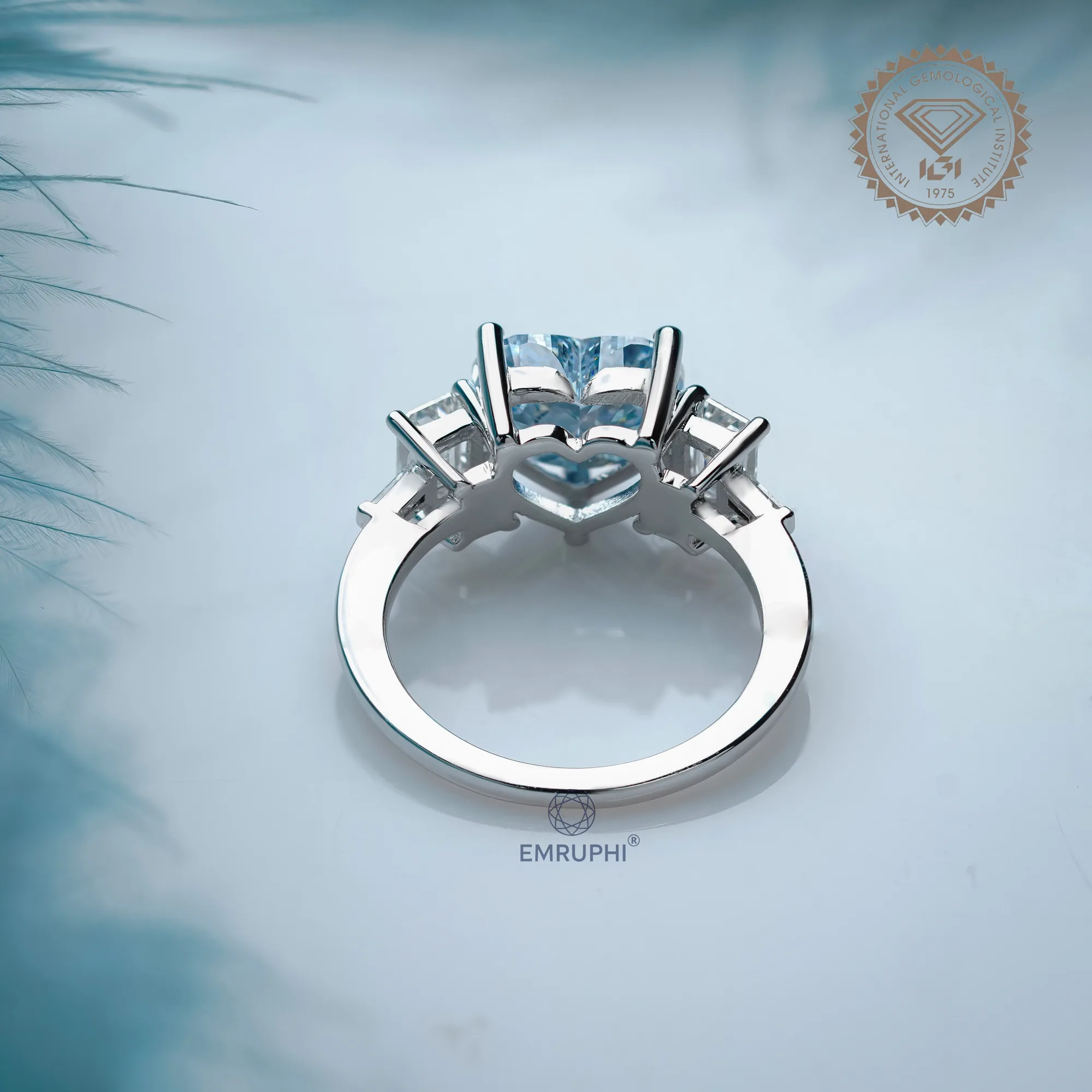 Heart Cut Vivid Blue Lab Diamond Ring, 14k Gold Emerald Accented Engagement Ring — view 4