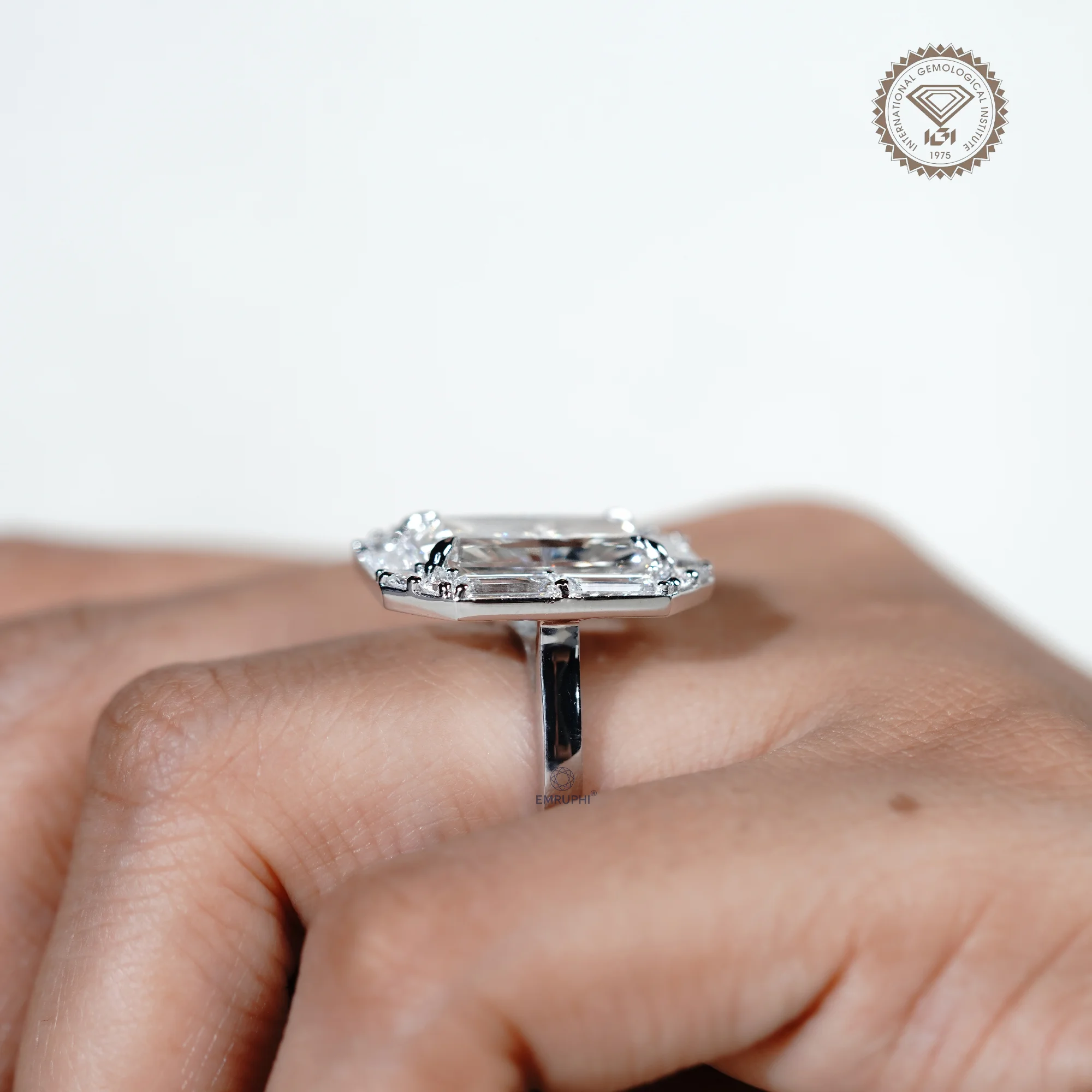 Radiant Cut Lab Grown Halo Diamond Ring, Baguette Diamond Halo Wedding Ring, Conflict Free Diamond — view 10
