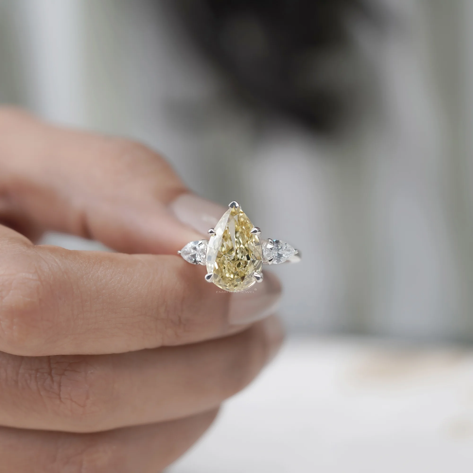 4 CT Lab Grown Yellow Pear Cut Diamond Ring With Side Stones, Three-Stone Wedding Ring — view 6