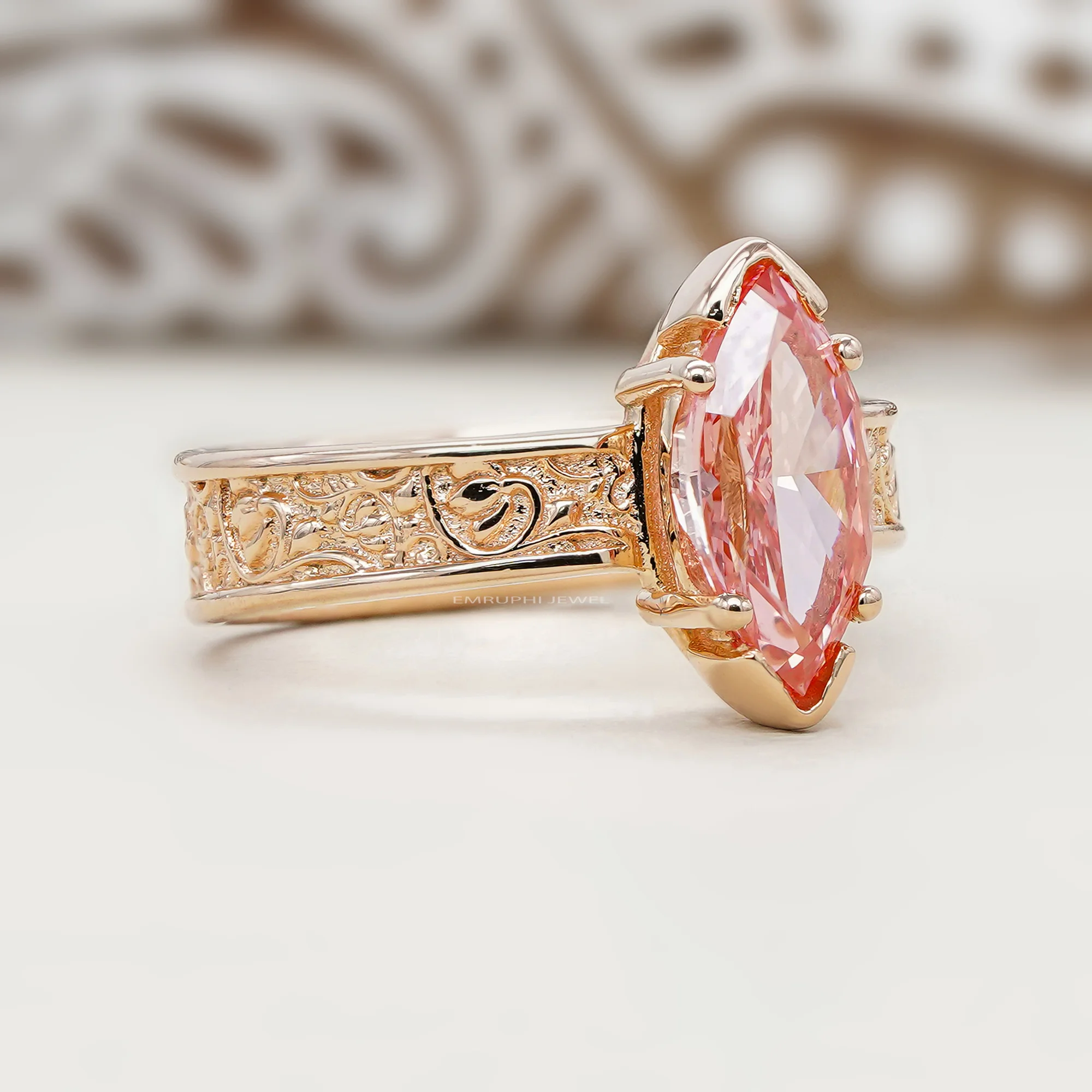 14K Gold Marquise Pink Lab Diamond Ring, 2.00 CT Vintage Engagement Ring, IGI Certified — view 3