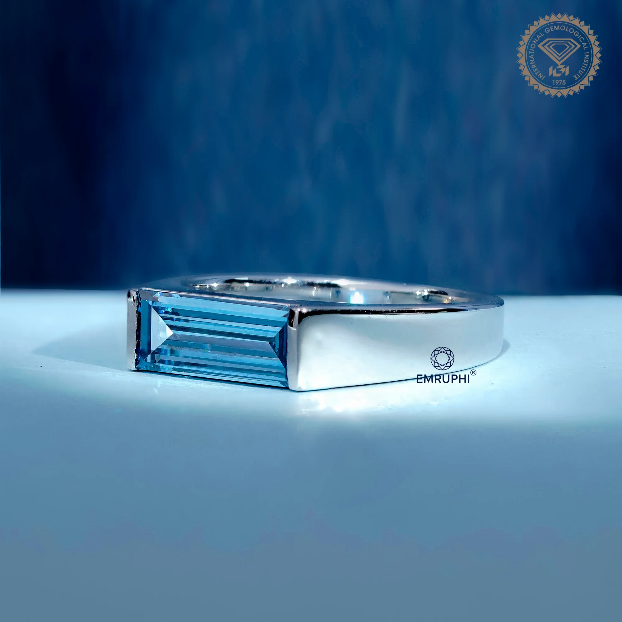 Baguette Cut Vivid Blue Lab Diamond Ring, Baguette Diamond Signet Ring, — view 2