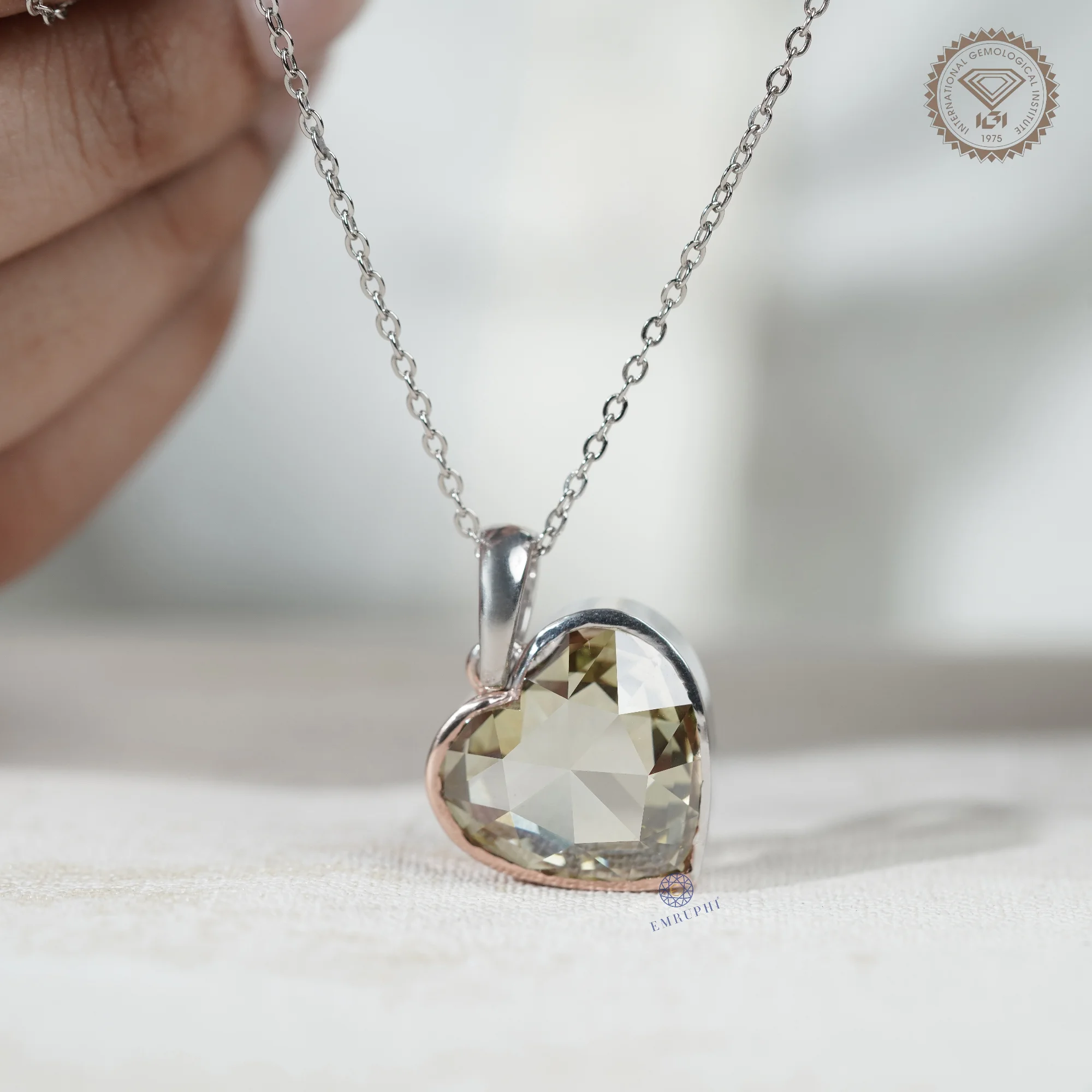 17 CT Heart Rose Cut Lab Grown Diamond Pendant, Vivid Green Color Diamond, Heart Bezel Necklace For Women — view 12