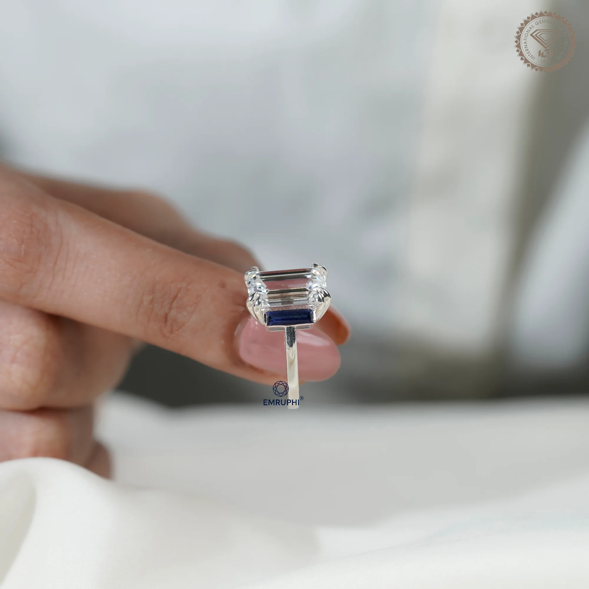 6 CT Emerald Cut Three Stone Engagement Ring with Sapphire Side Stones, Lab Grown Diamond Ring, Vintage Bridal Ring — view 6