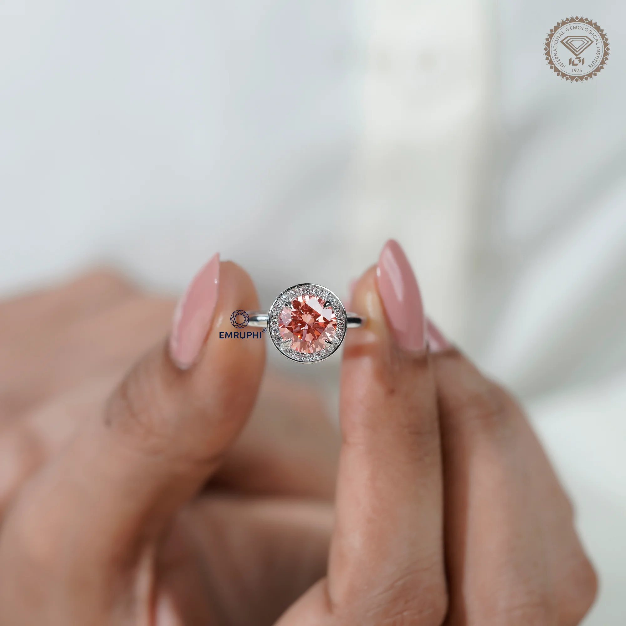 2 CT Round Halo Engagement Ring, Vivid Pink Center Stone, Diamond Halo Ring, Romantic Proposal Ring — view 5