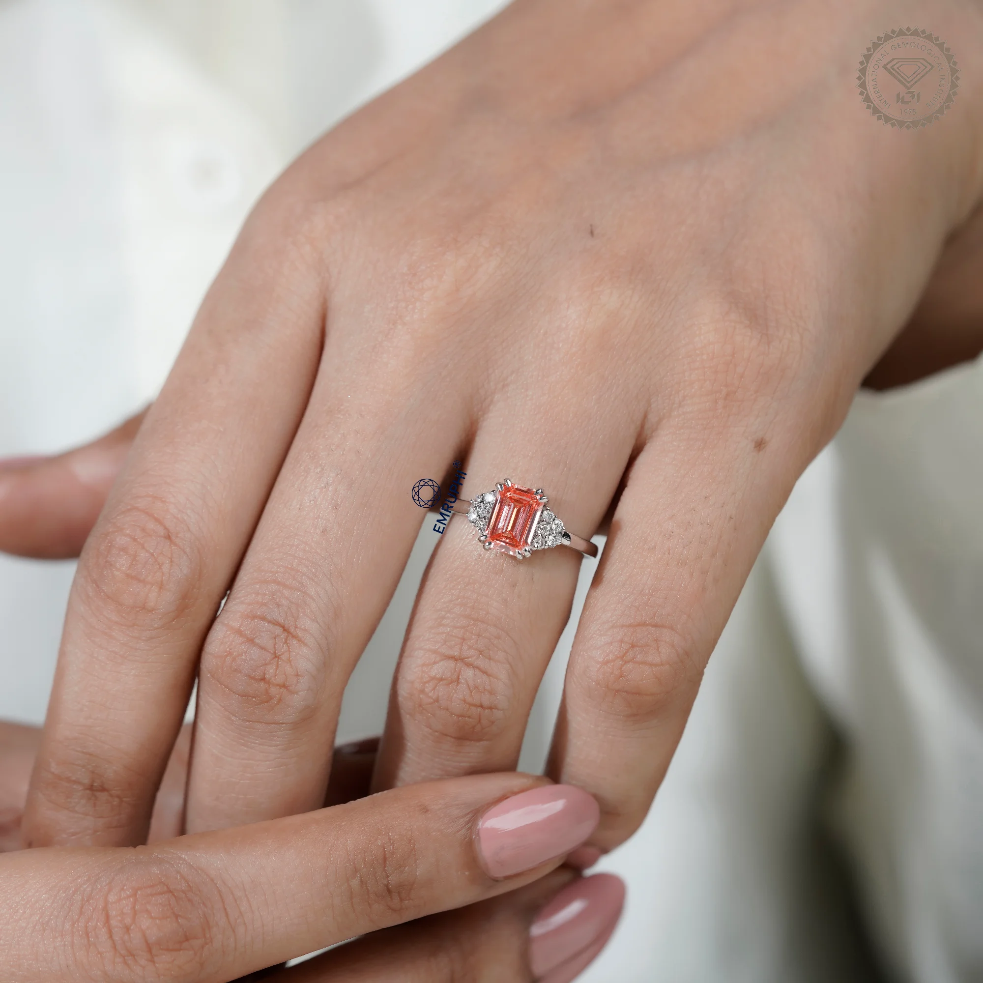 Emerald Cut Vivid Pink Lab-Grown Diamond Cluster Ring, Nature Inspired Ring, Emerald Cluster Ring, Emerald Wedding Ring in 18k Gold — view 10