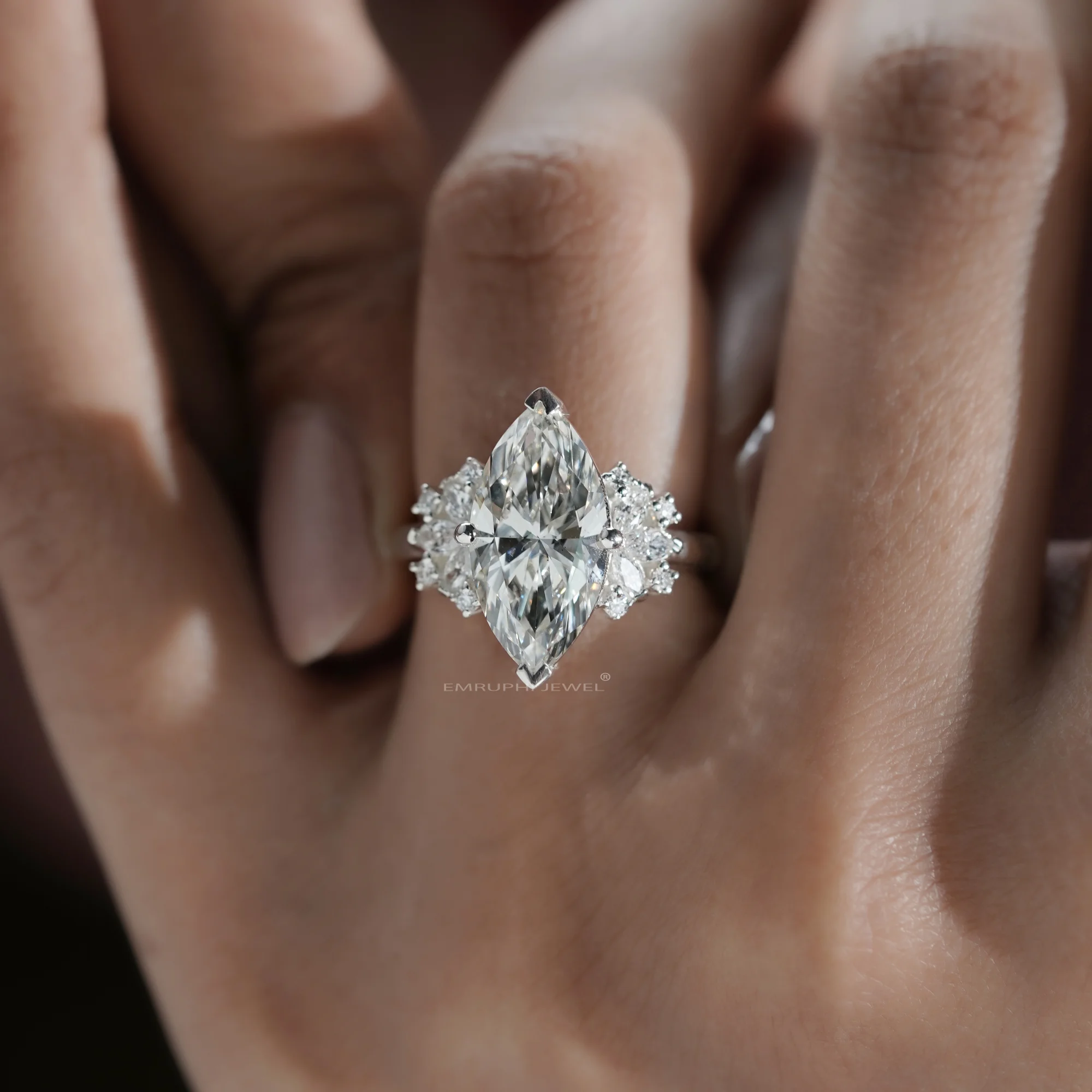 3.50 Carat Marquise Lab Grown Diamond Ring, Gold Cluster Engagement Ring — view 8