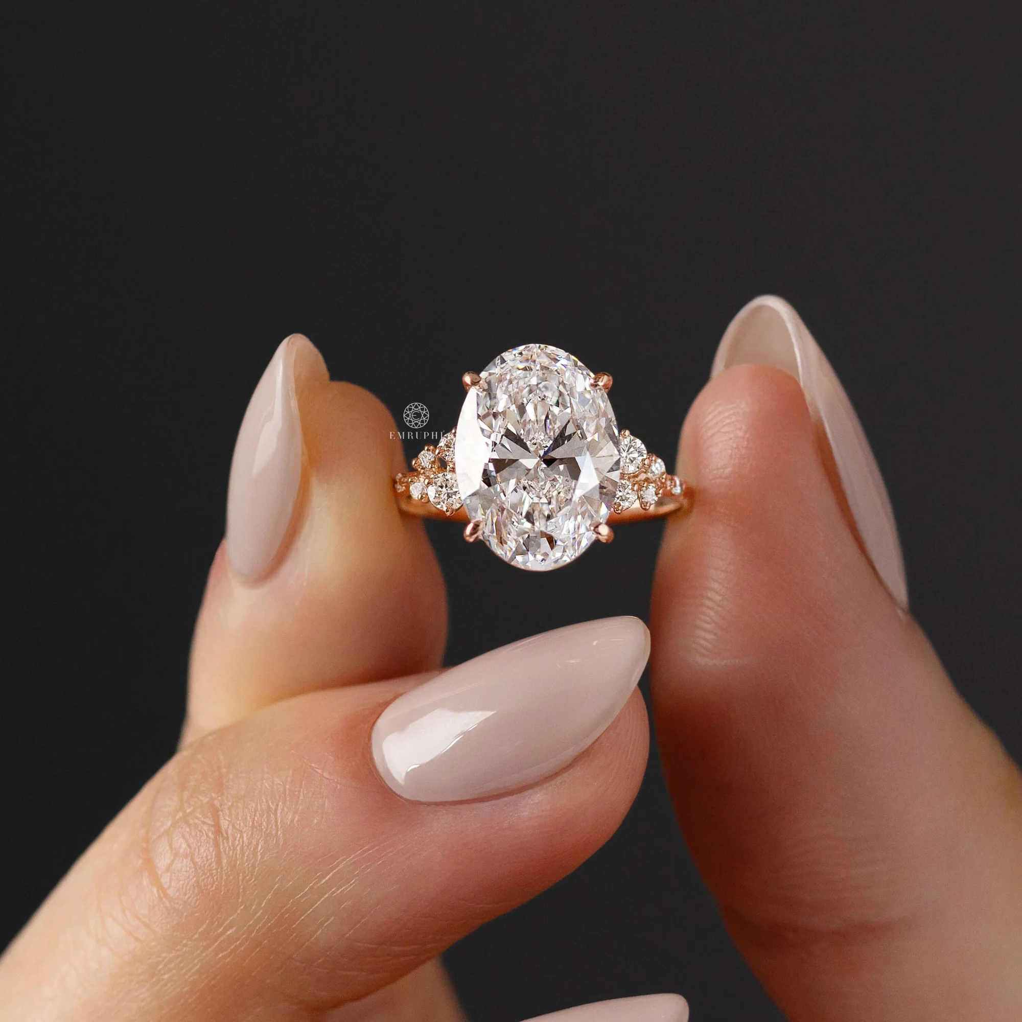 3.5 CT Oval Lab Grown Diamond Cluster Engagement Ring, Oval Cut Diamond Ring, 14K Gold Floral Cluster Ring — view 9