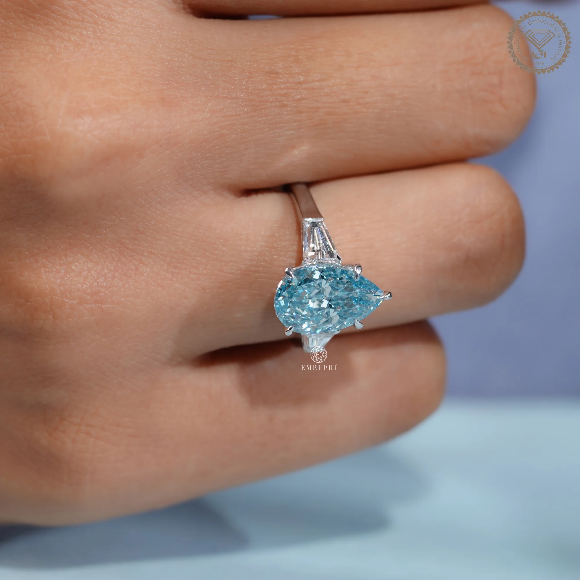 5 CT Vivid Blue Pear Lab Grown Diamond Engagement Ring, Tapered Baguette Side Stones — view 5