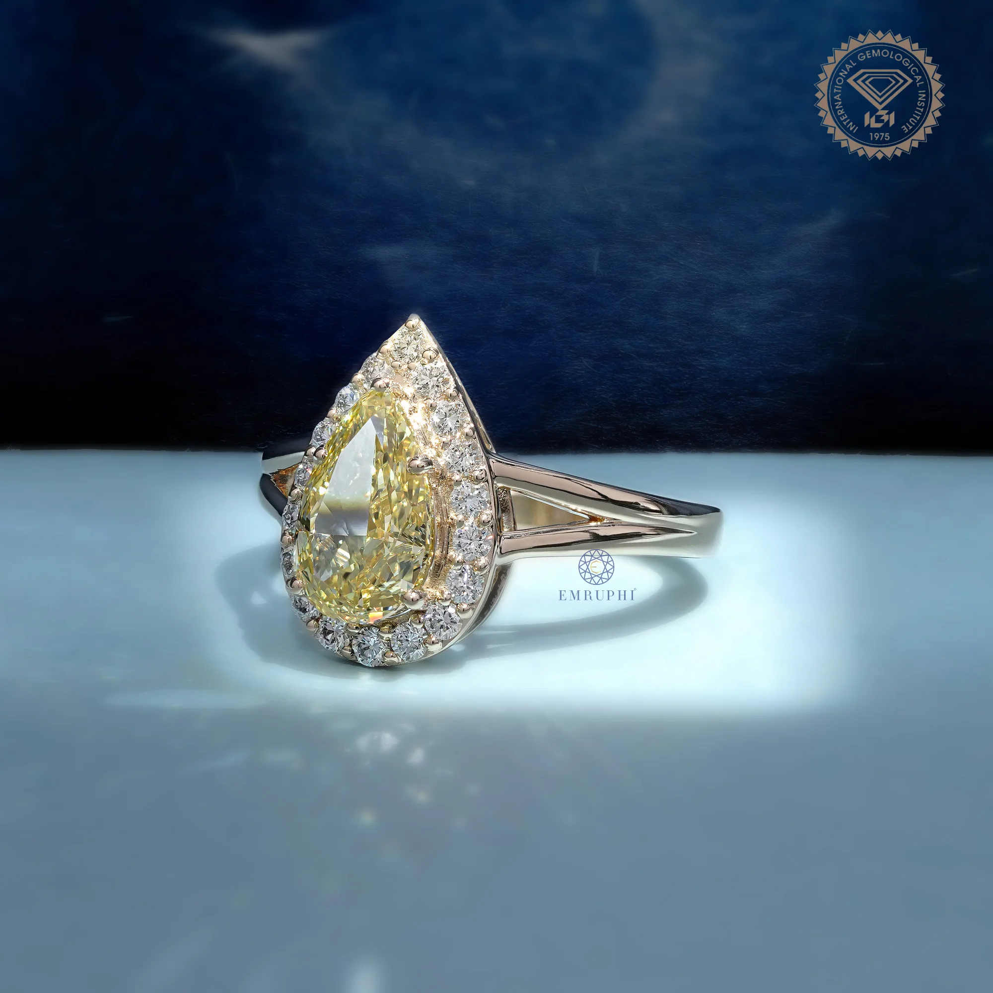 2.00 CT Pear Cut Yellow Lab Grown Diamond Halo Ring, Fancy Yellow Diamond Engagement Ring — view 2