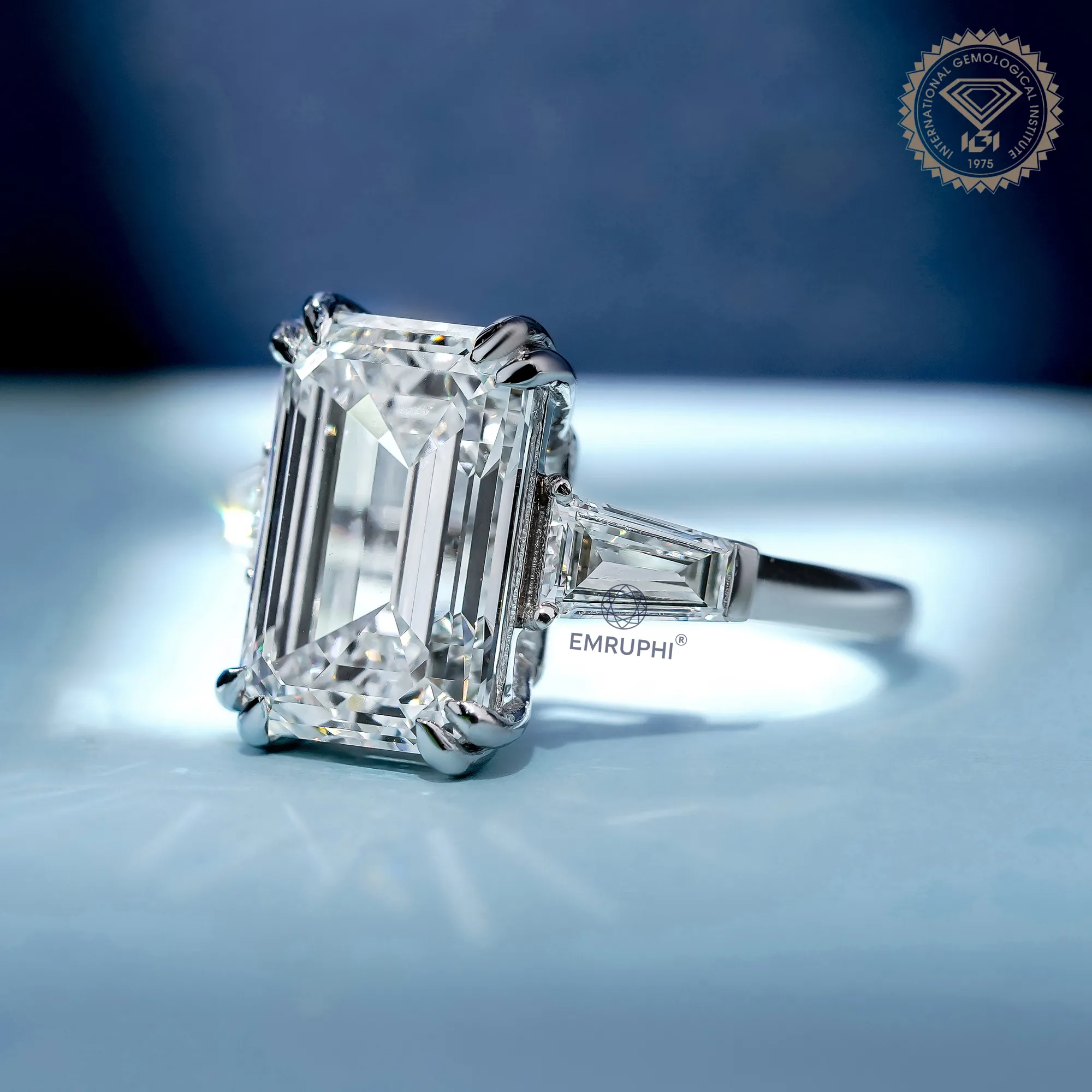 7 Carat Emerald Cut Lab Grown Diamond Engagement Ring | Trapezoid Side Stones — view 2