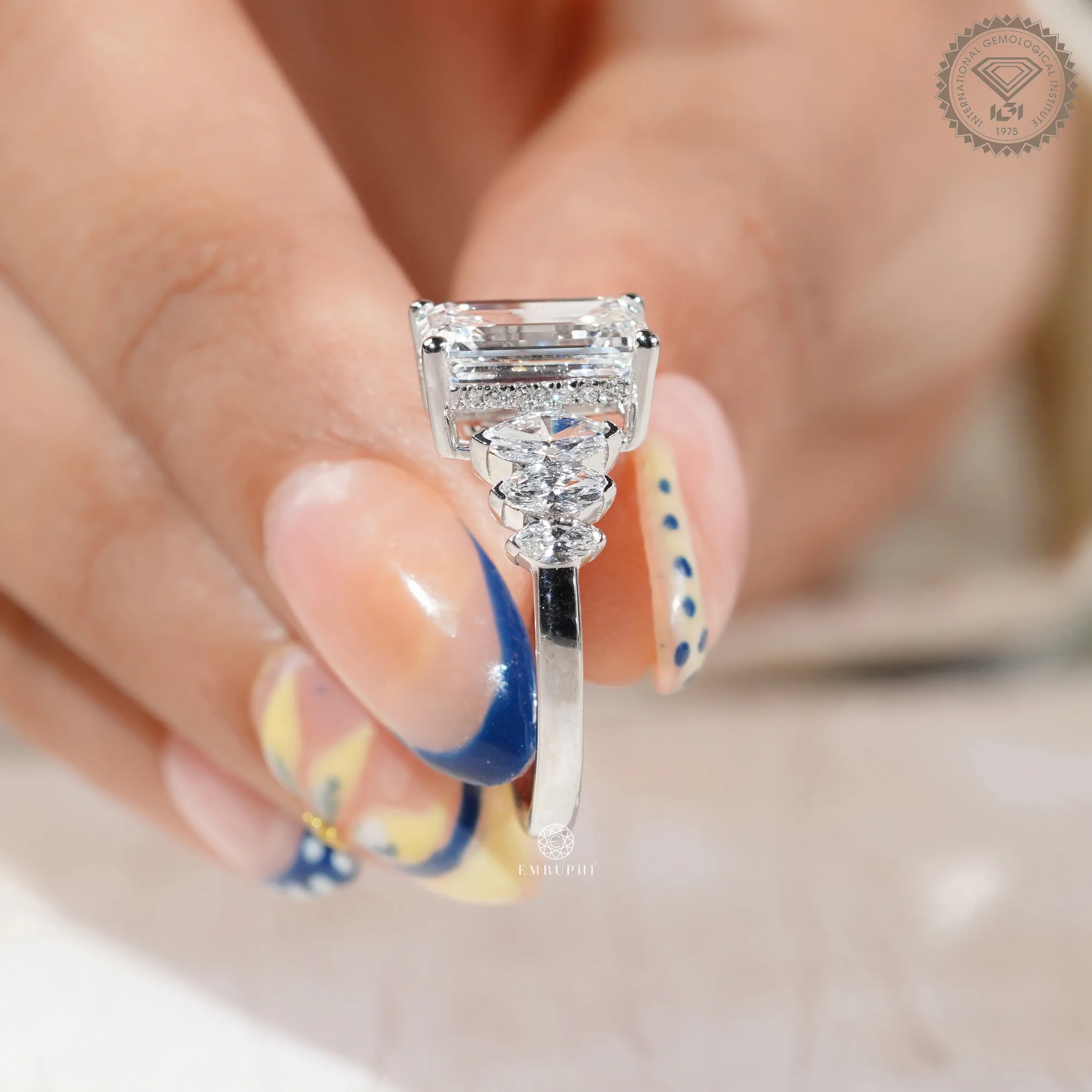 Emerald Cut Diamond Engagement Ring With Marquise Side Stone, Cluster Setting Ring — view 6