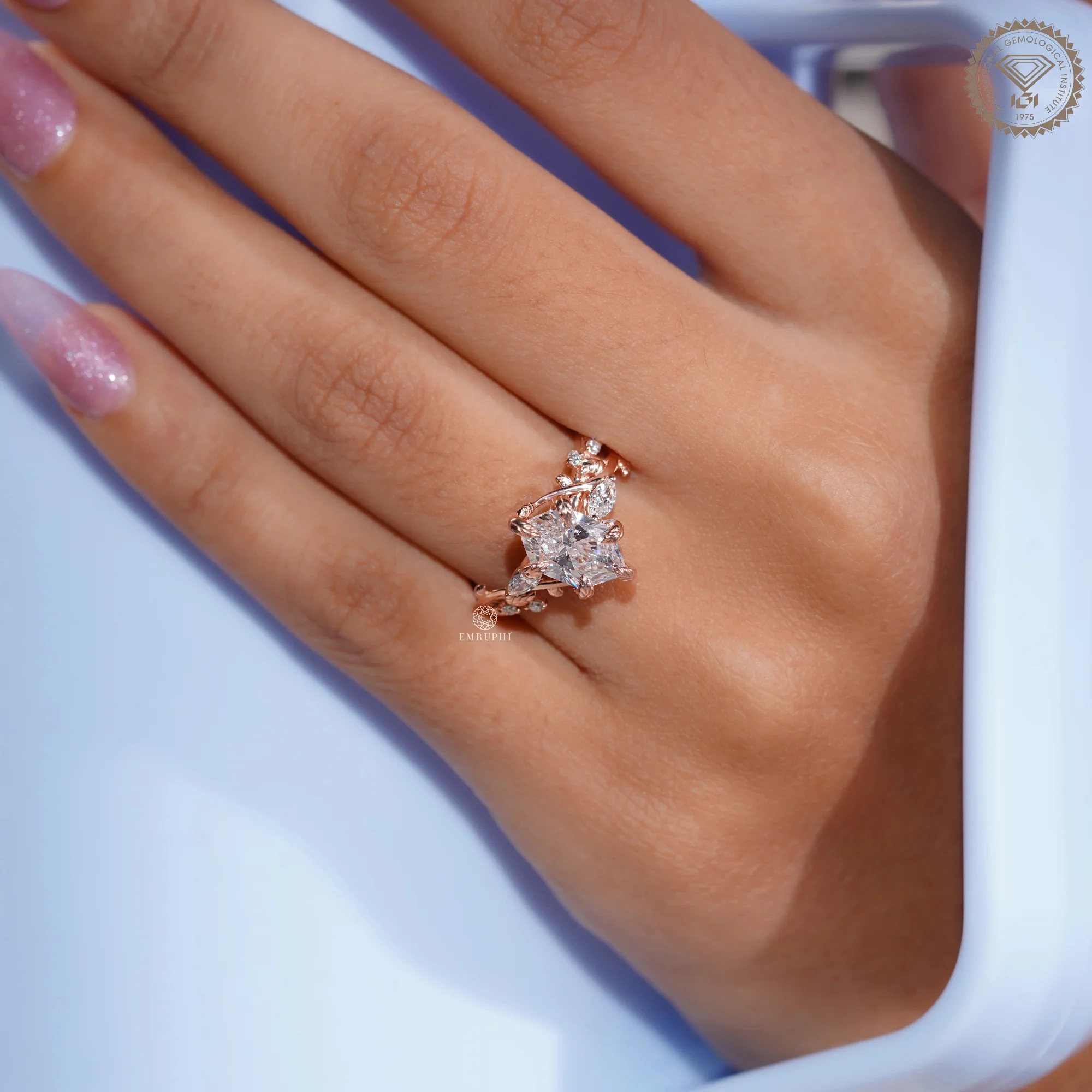 Dutch Marquise Lab Grown Nature Inspired Ring, 14K Rose Gold Wedding Ring, Leaf Diamond Ring — view 10