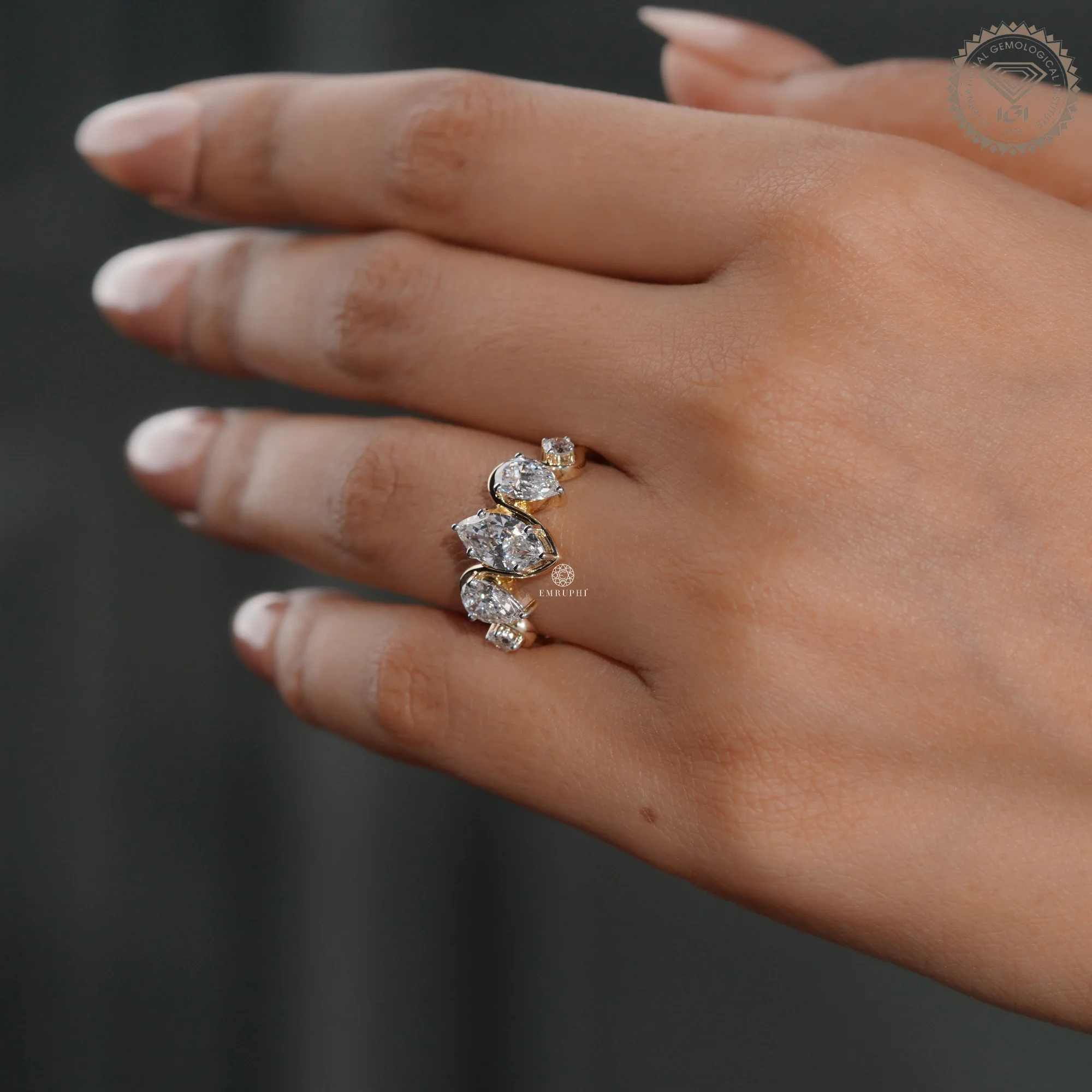 Marquise Pear Diamond Ring, Five Stone Cluster Engagement Ring, Two Tone Gold Wave Band — view 6