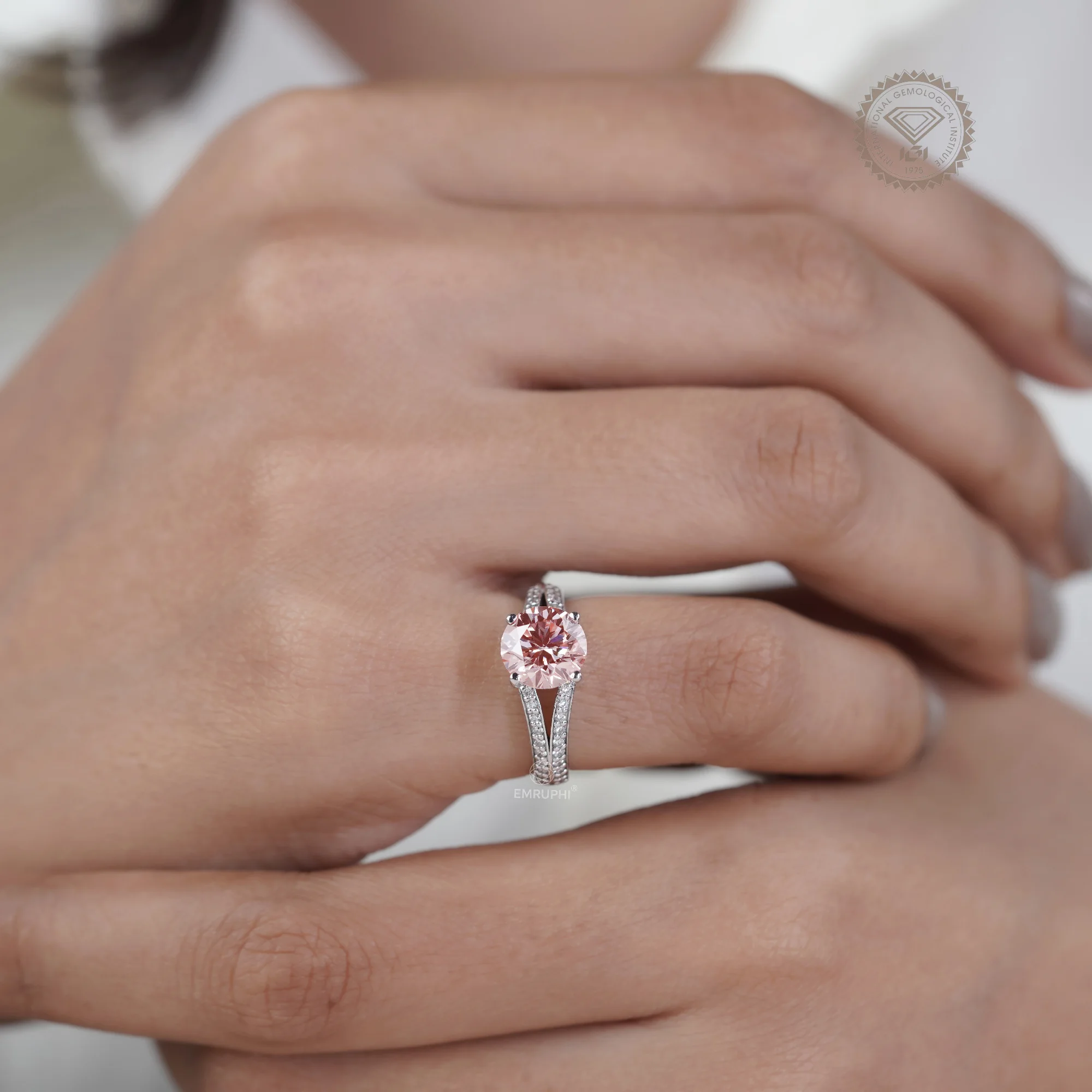 2.00 CT Pink Lab Diamond Engagement Ring, 14K White Gold Split Shank Ring — view 9