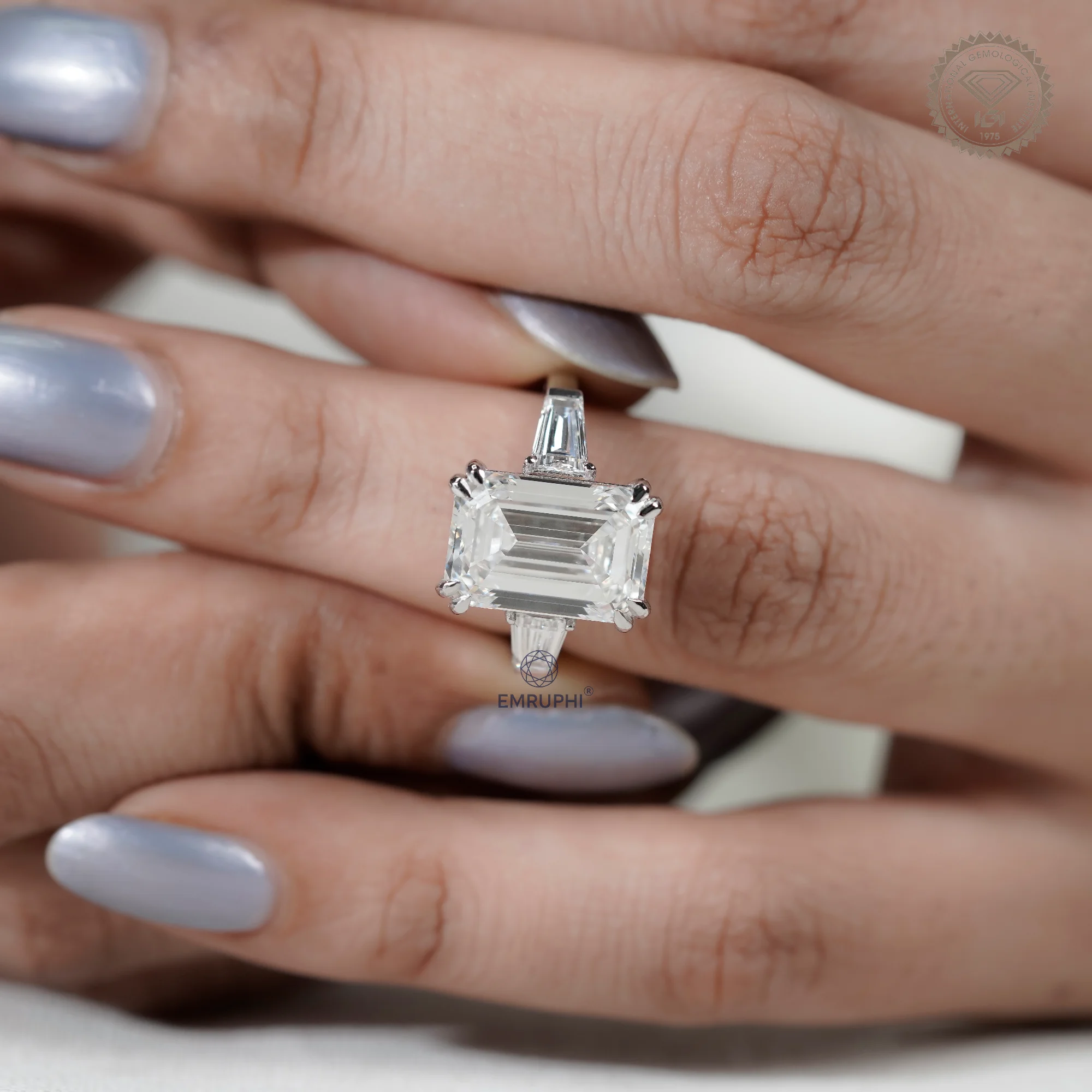 7 Carat Emerald Cut Lab Grown Diamond Engagement Ring | Trapezoid Side Stones — view 6