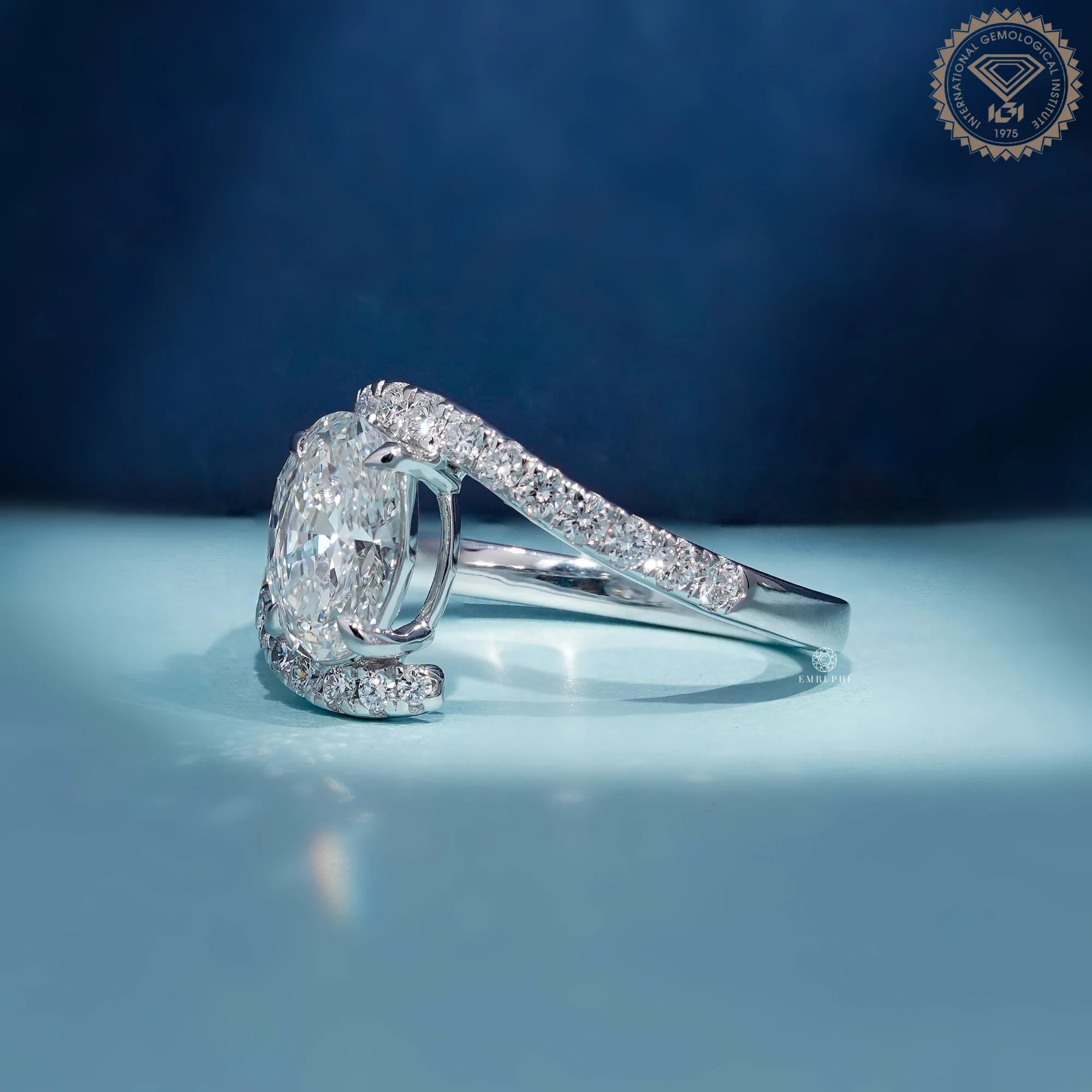 Oval Lab Grown Diamond Engagement Ring, Curved Diamond Band, Double Band Solitaire Ring — view 2