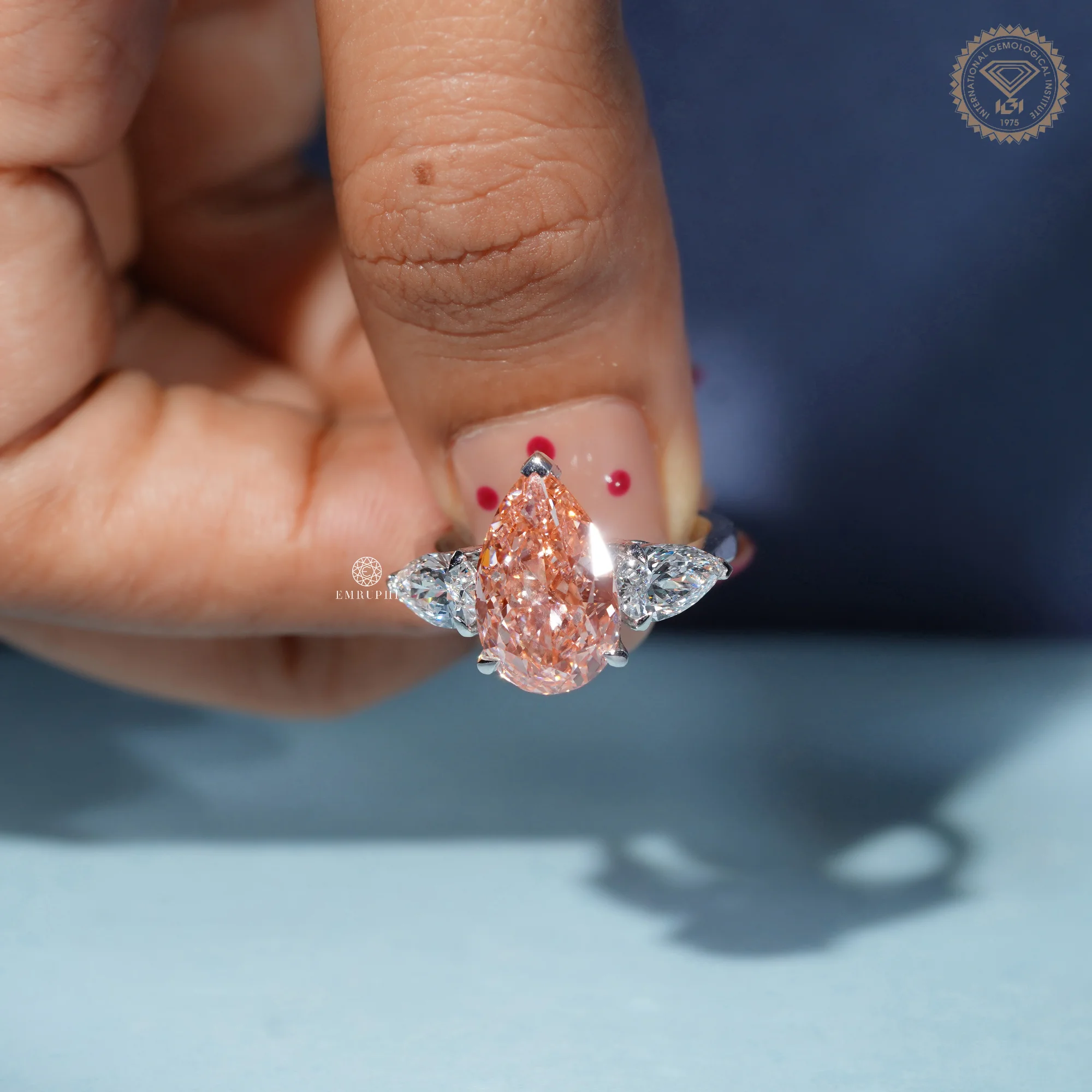 Vivid Pink Pear Cut Lab Grown Diamond Ring, 3 Stone Engagement Ring, IGI Certified Lab Diamond — view 11
