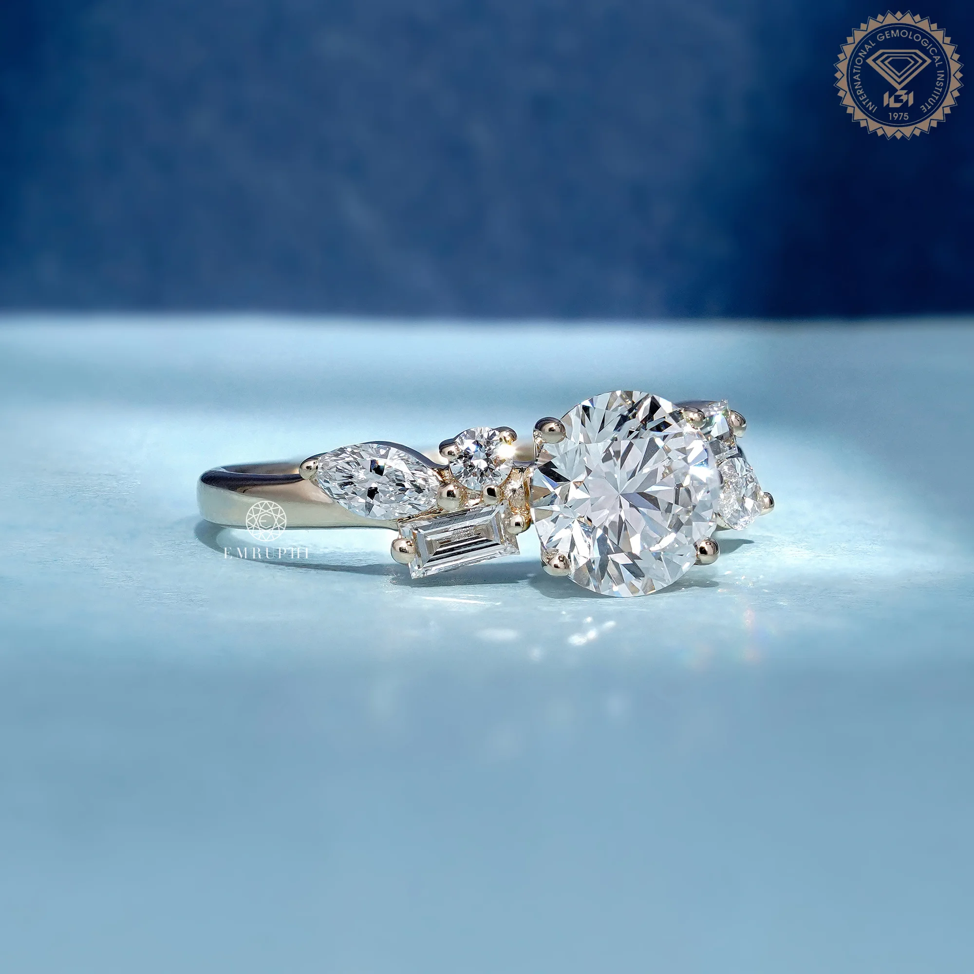 Round Cut Lab Grown Diamond Ring, Multi Shape Cluster Engagement Ring, Pear Baguette Accents — view 3