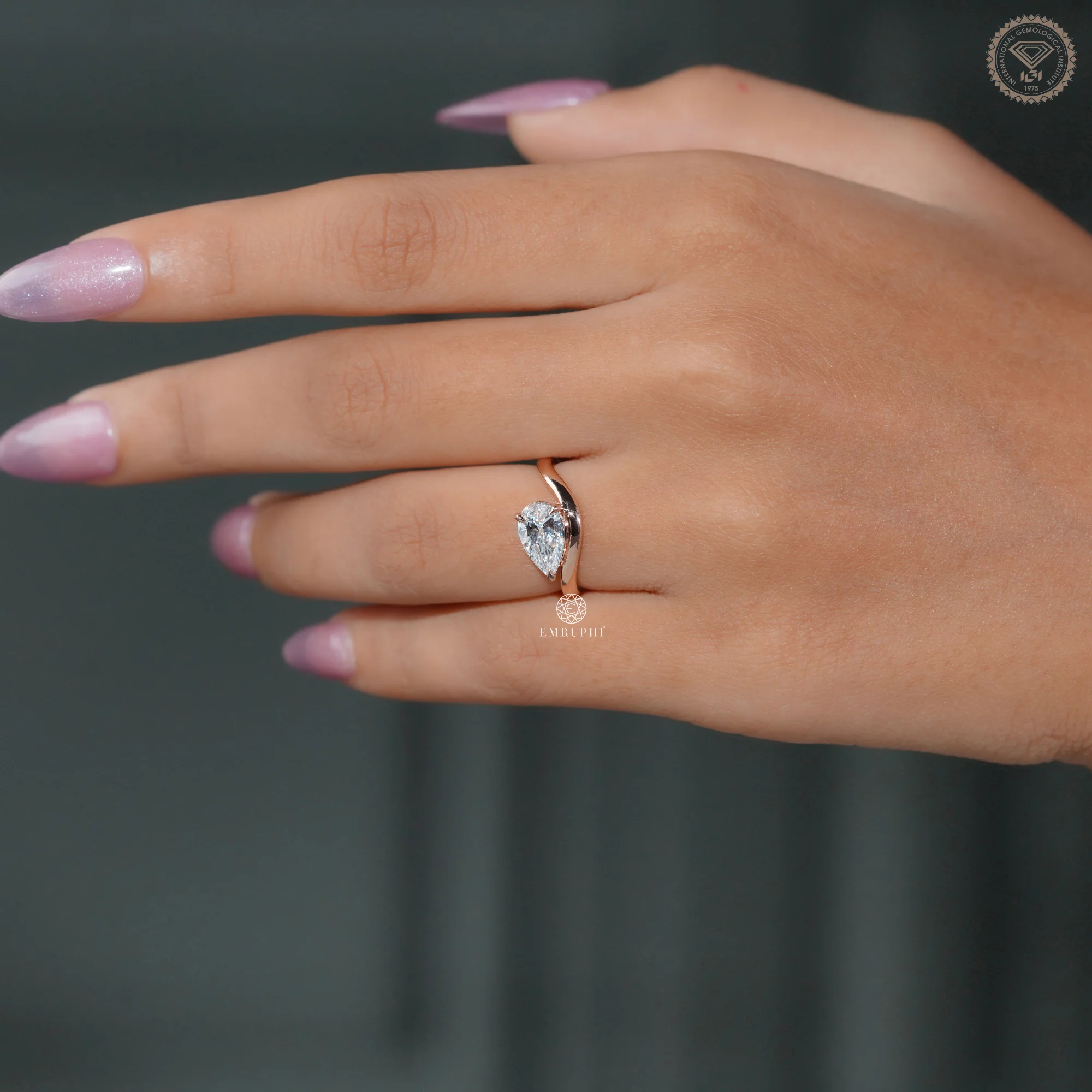 1 CT Pear Cut Lab Grown Diamond Engagement Ring, Curved Solitaire Ring — view 11