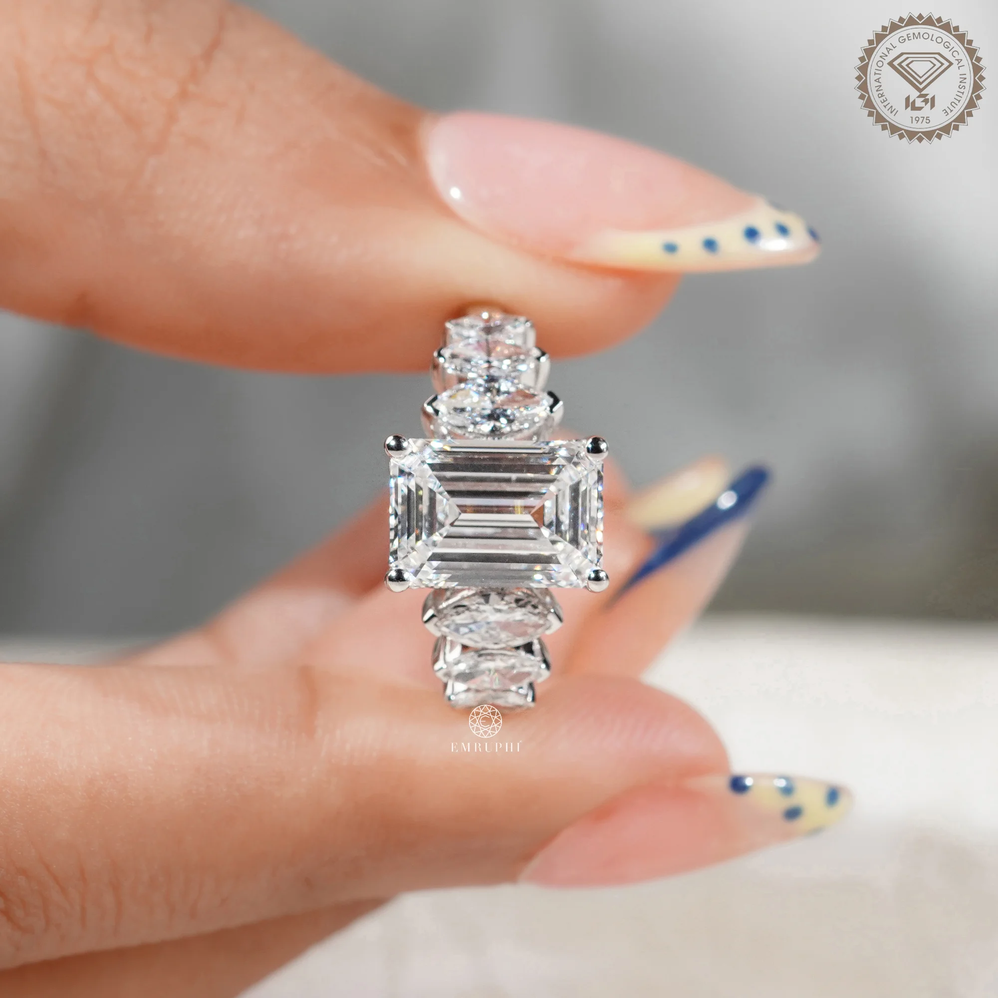 Emerald Cut Diamond Engagement Ring With Marquise Side Stone, Cluster Setting Ring — view 5