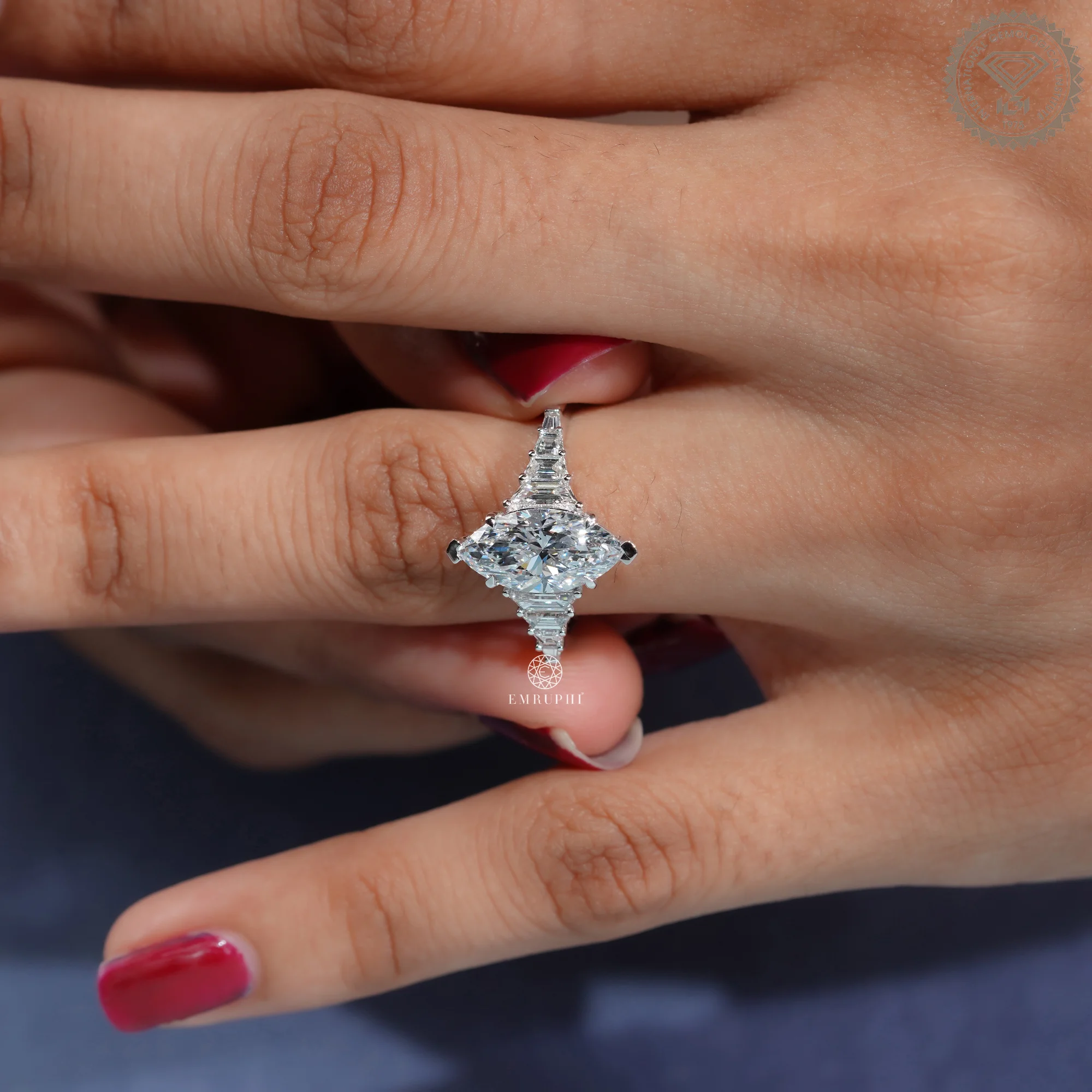2 Carat Marquise Cut Lab Grown Diamond Engagement Ring, Art Deco Trapezoid Cut Side Stones — view 7