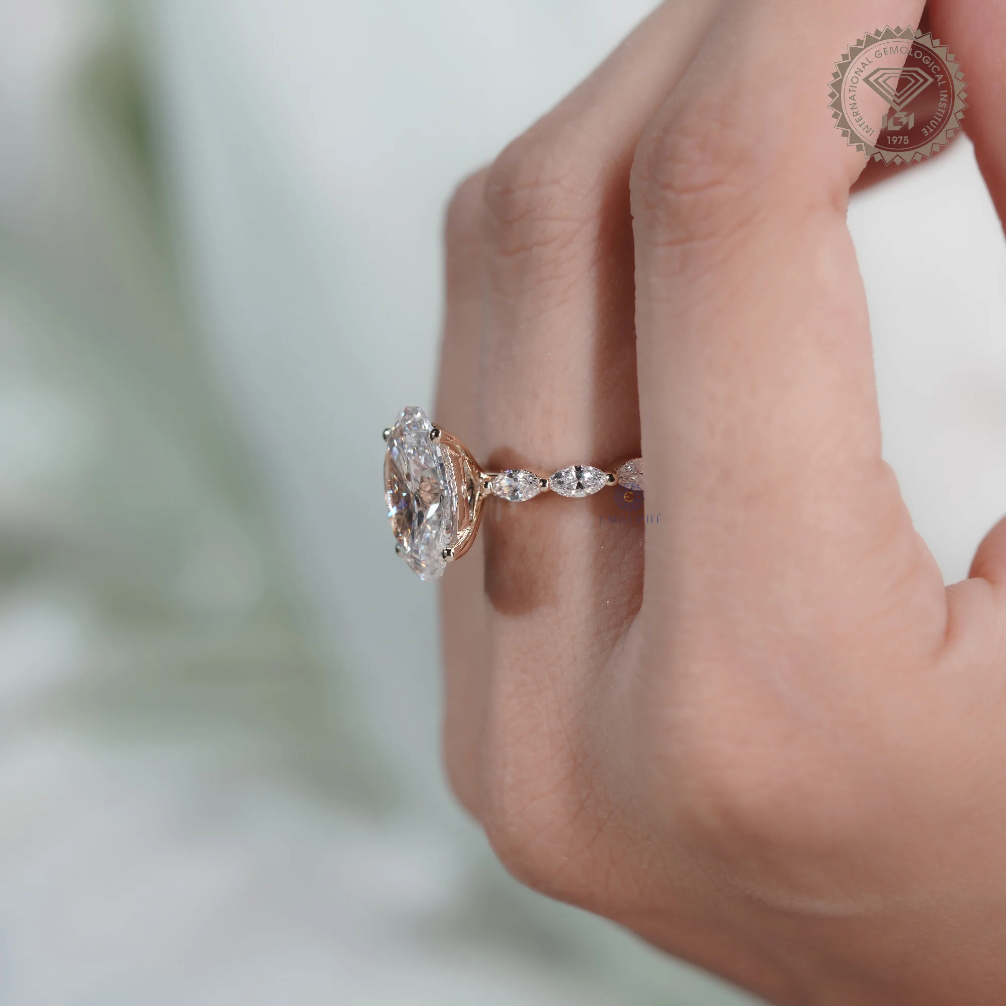 5 CT Oval Lab Grown Diamond Ring, Oval Diamond Engagement Ring, Marquise Side Stone Ring — view 8