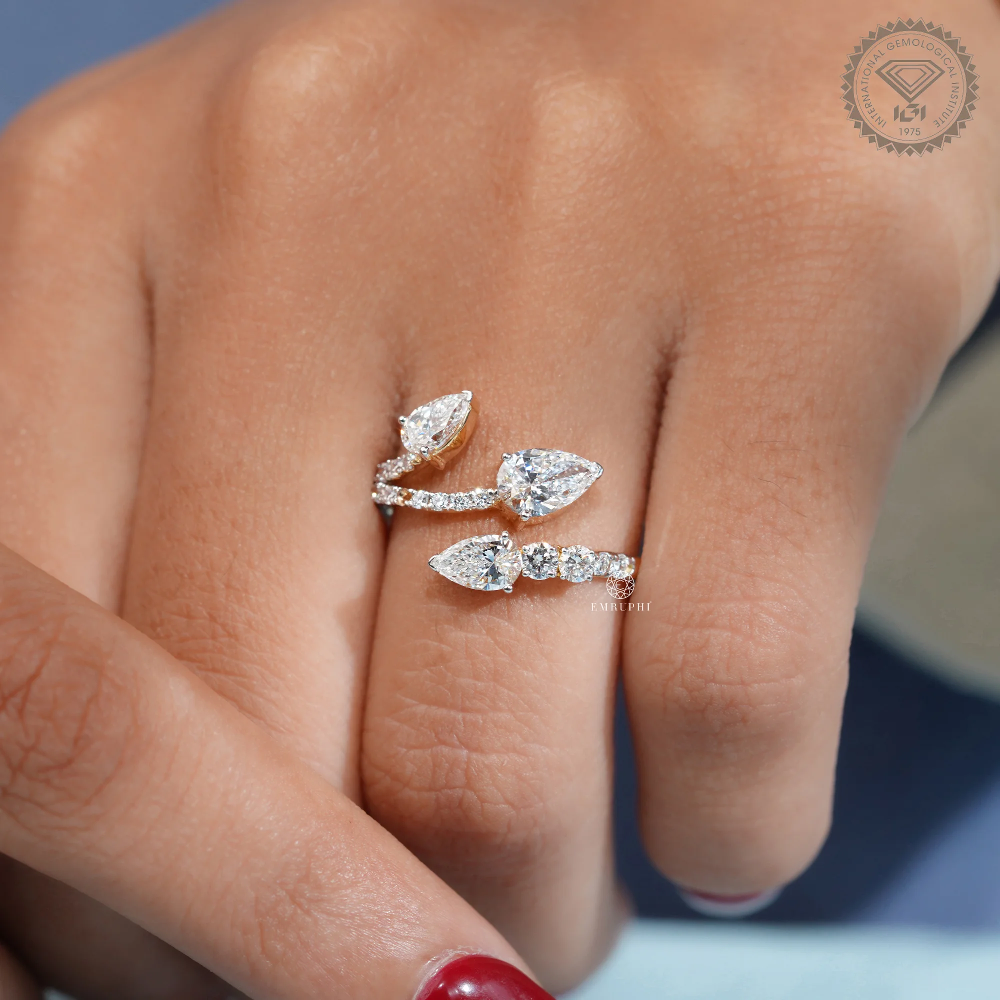 Three Stone Pear Lab Diamond Open Wrap Ring, Toi et Moi Style Ring, IGI Certified Diamonds — view 8