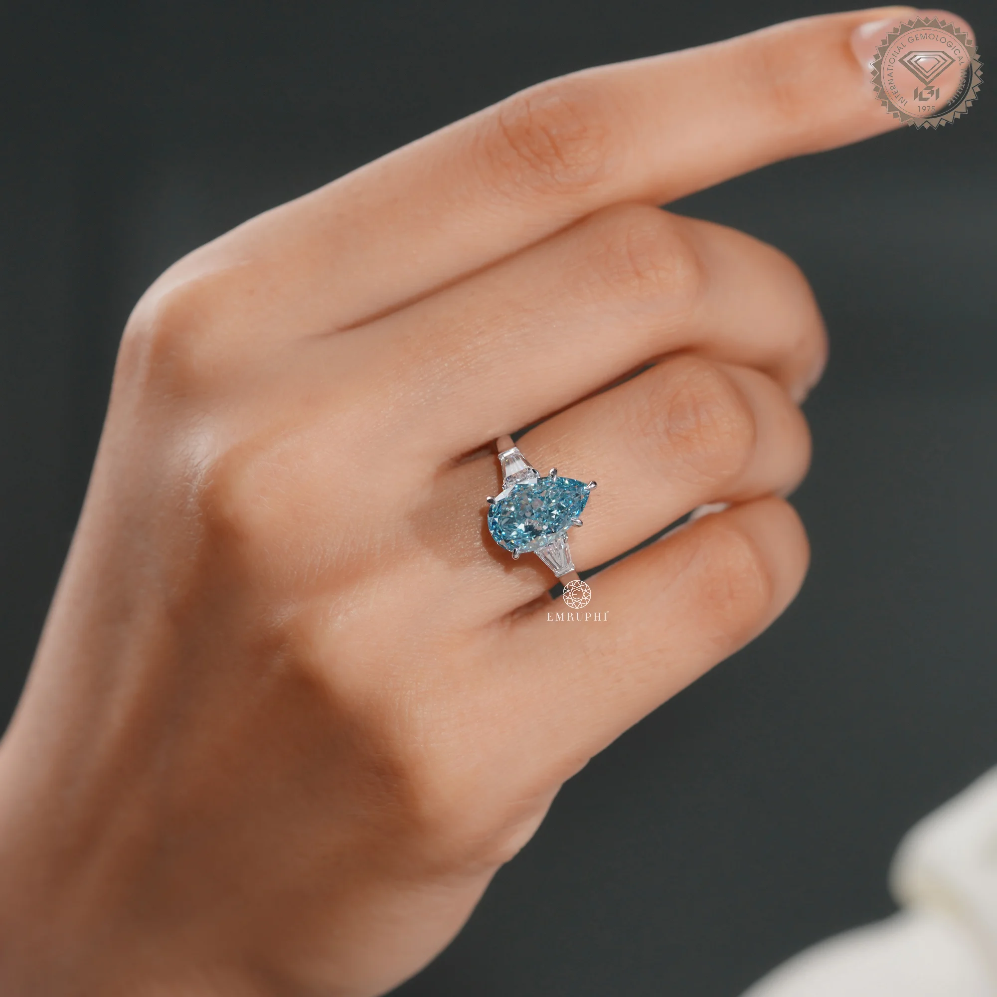 5 CT Vivid Blue Pear Lab Grown Diamond Engagement Ring, Tapered Baguette Side Stones — view 10