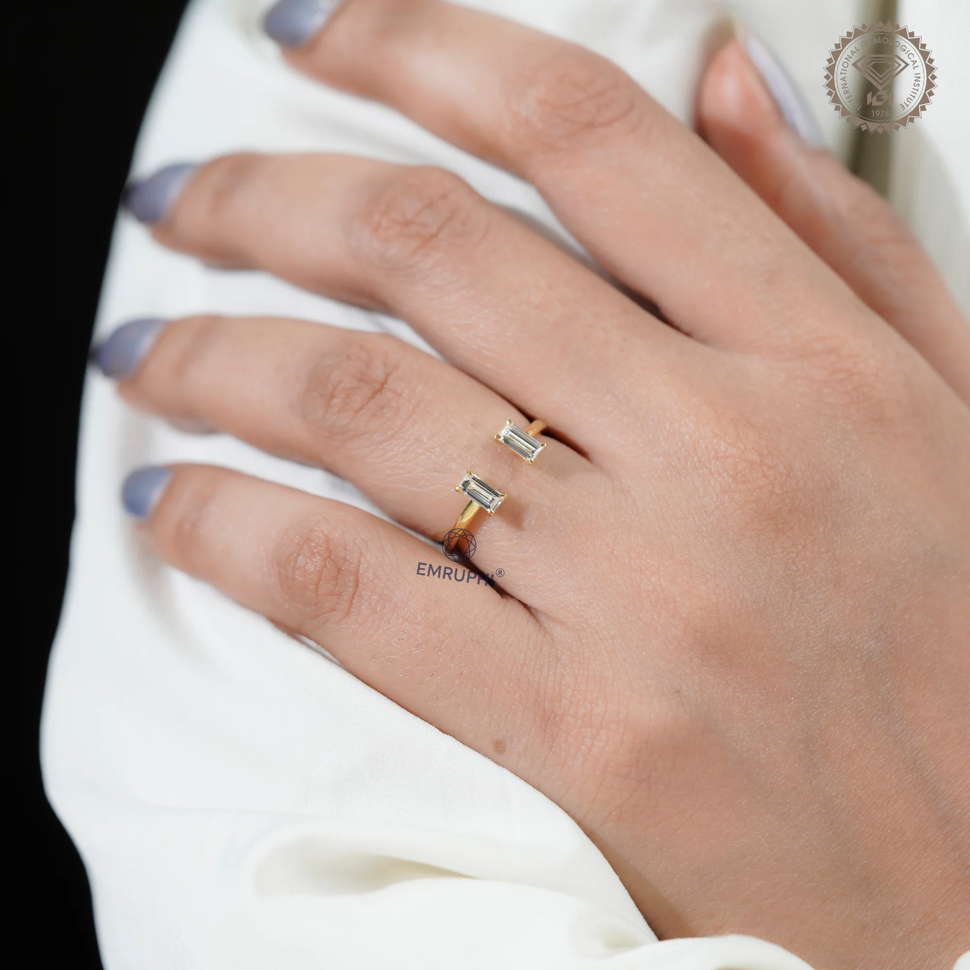 Baguette Lab-Grown Diamond Open Cuff Ring, Solid Gold Wedding Band — view 9