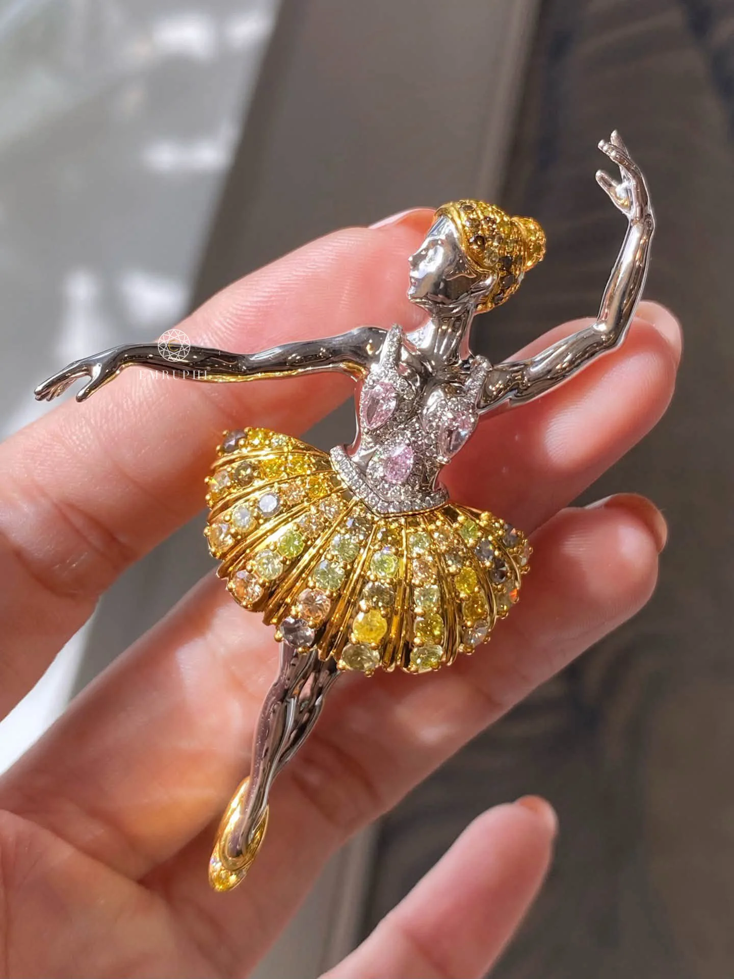 Lab Grown Fancy Yellow Diamond Ballerina Brooch Pendant, Dual Function Ballerina Dancer Pin Necklace — view 10