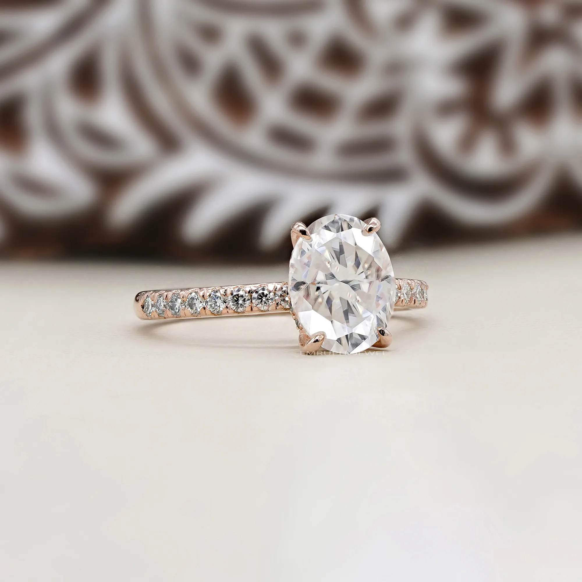 14K Solid Gold Engagement Ring With Pave, 1.5 CT Oval Lab Grown Diamond Ring — view 3