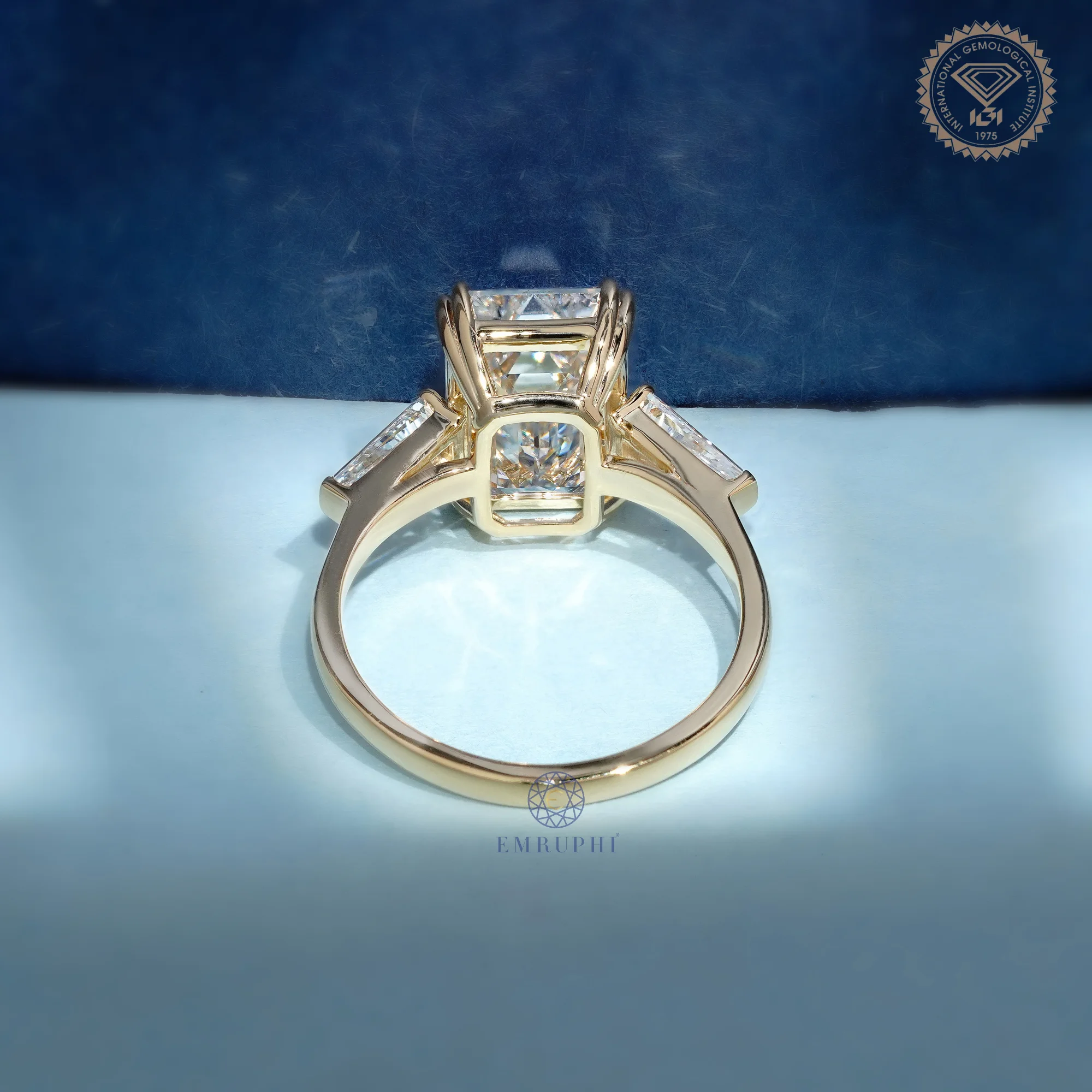 5 CT Emerald Lab Diamond Engagement Ring in 14k Gold, Three Stone Emerald Ring with Trapezoid Side Diamonds — view 4