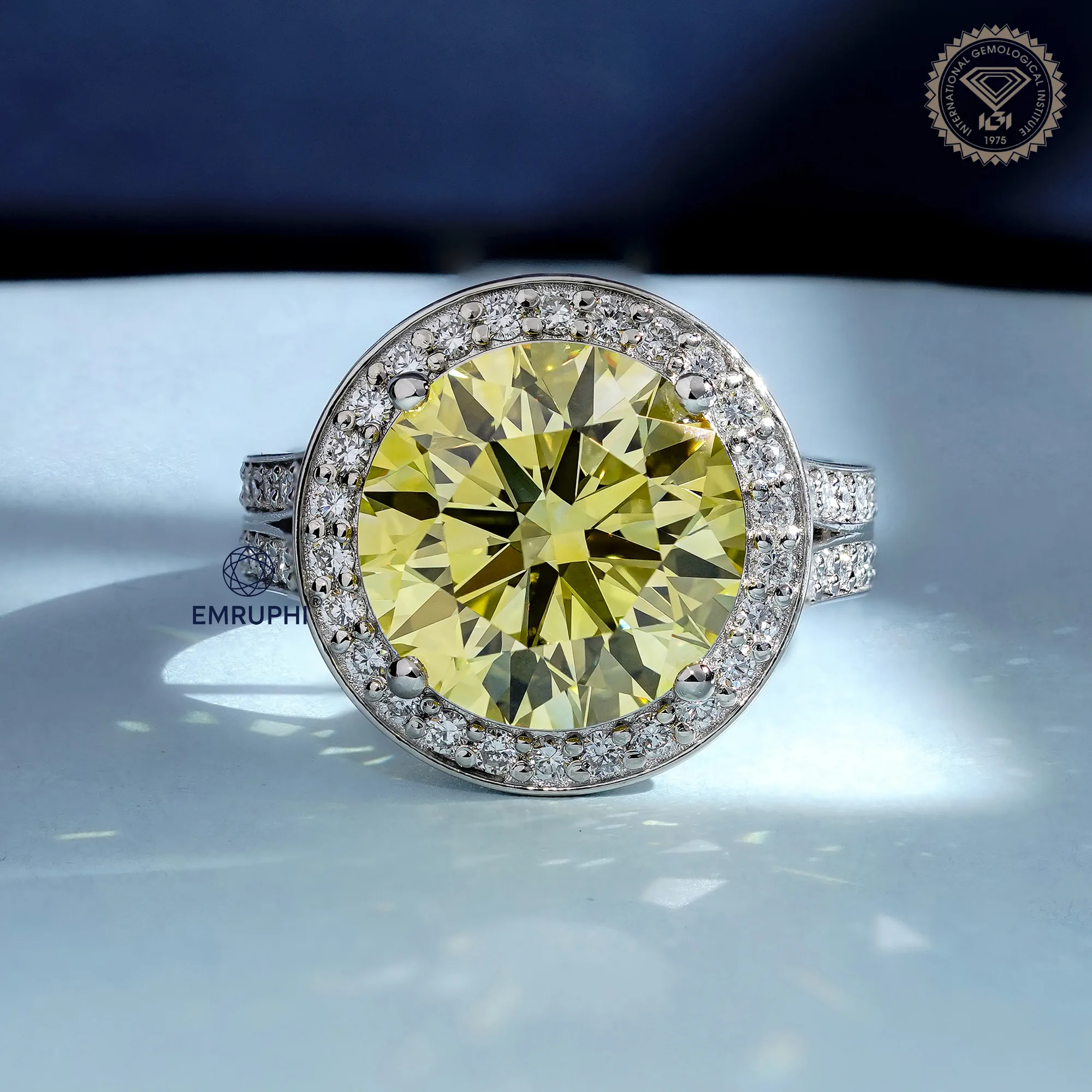 7.00 Carat Round Vivid Yellow Lab Grown Diamond Ring, Certified Rare Collector Stone