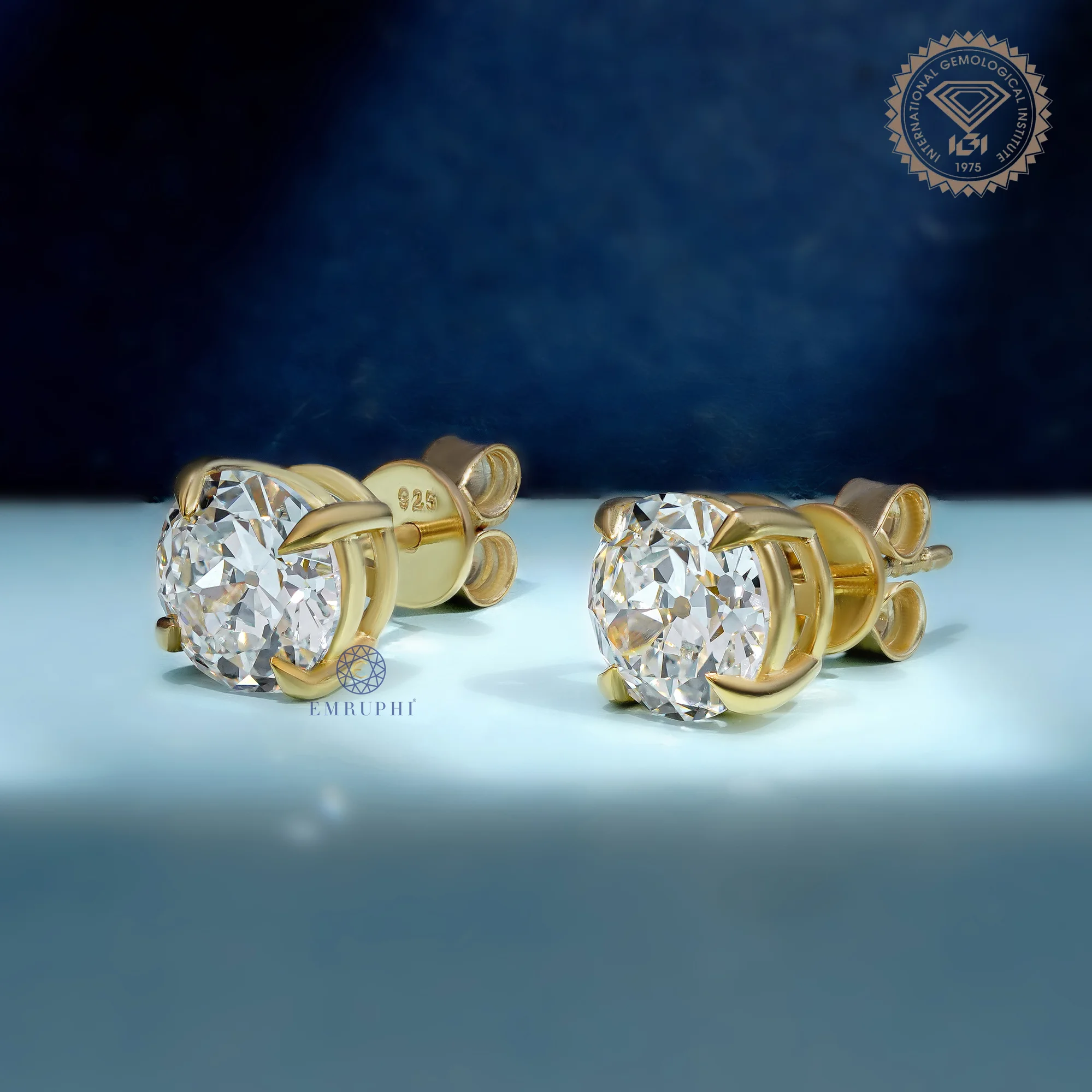 Round Old Mine Stud Earrings in 14k Yellow Gold, Solitaire Stud For Women — view 4