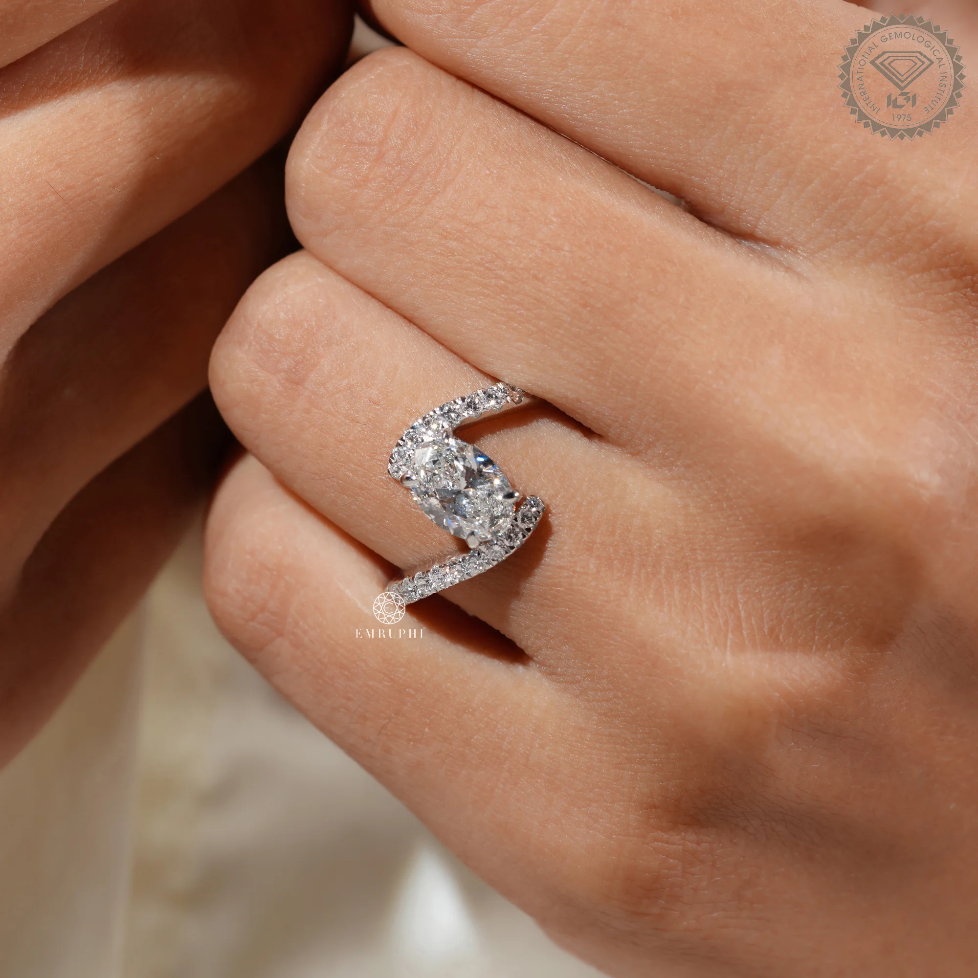 Oval Lab Grown Diamond Engagement Ring, Curved Diamond Band, Double Band Solitaire Ring — view 11