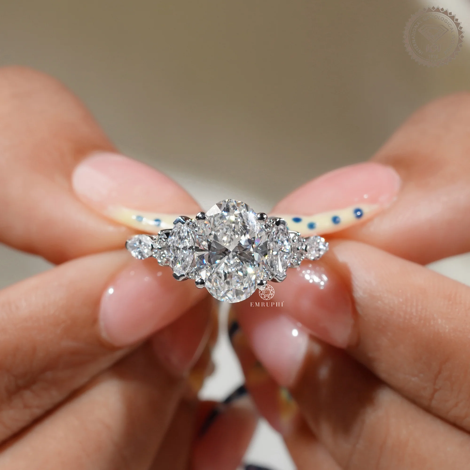 Oval Cut Lab Grown Diamond Engagement Ring, IGI Certified, Marquise Side Stones — view 7