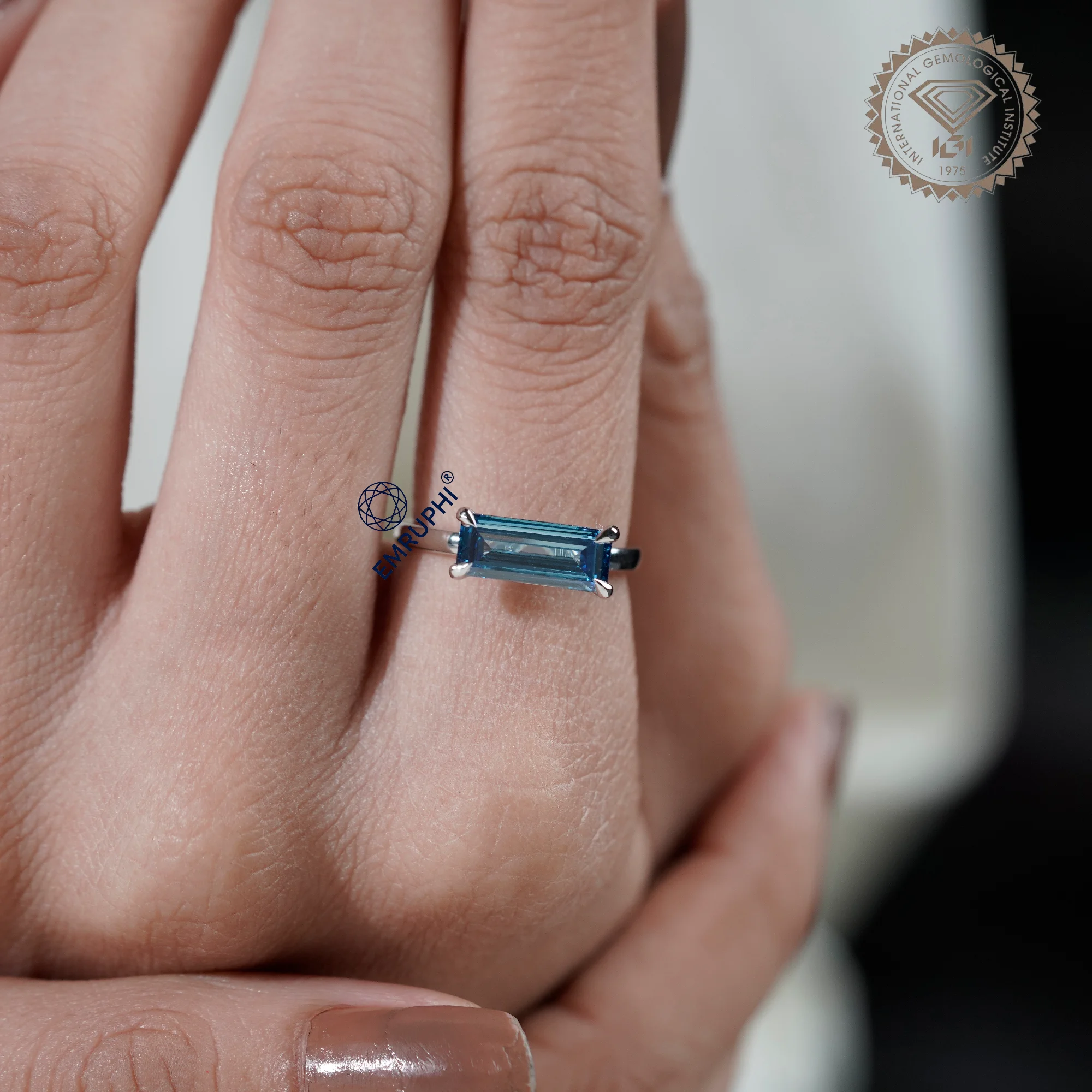 Baguette Diamond Solitaire Ring, Vivid Blue Lab Diamond Baguette — view 10