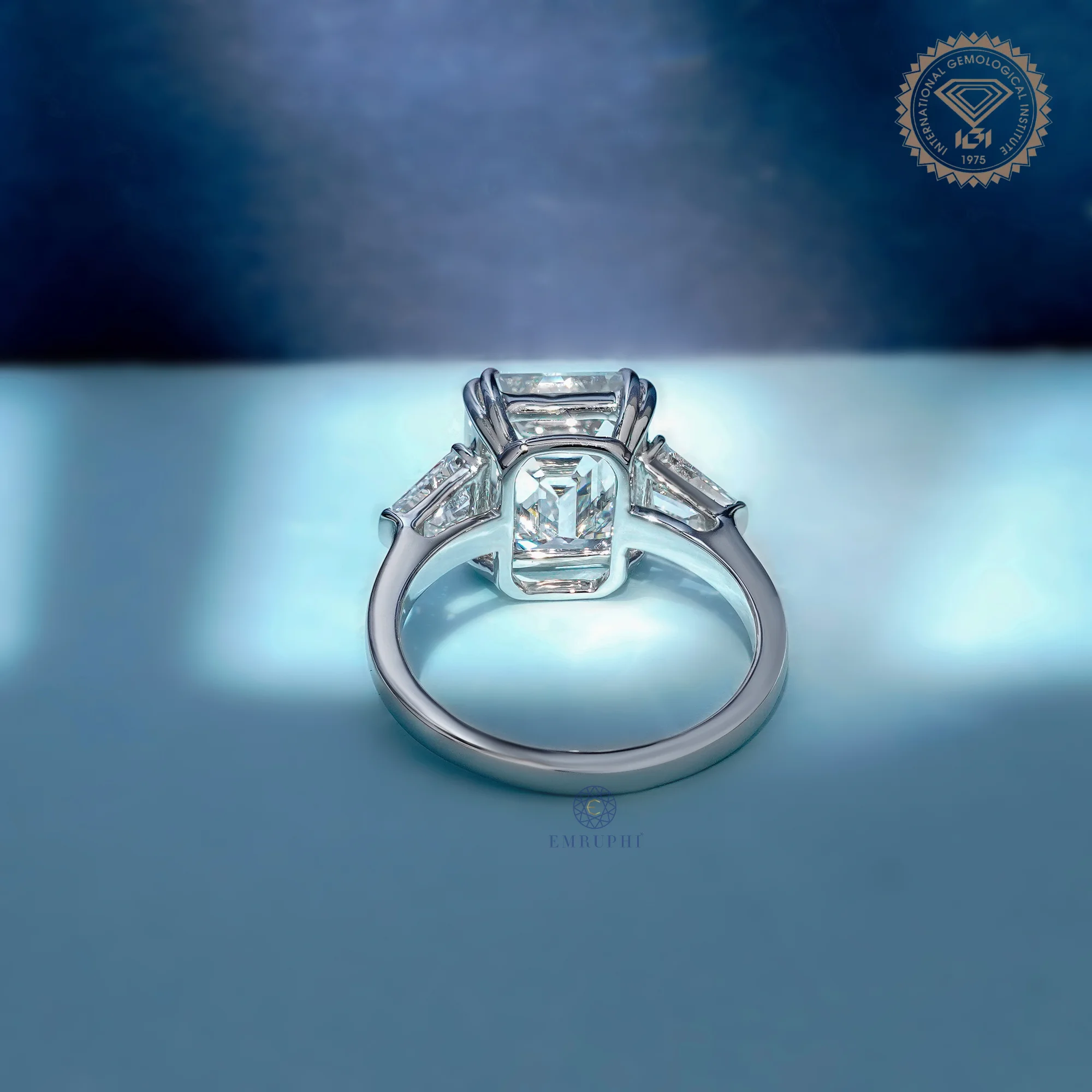 Emerald Lab Diamond Engagement ring in 14k Gold, Baguette Side Stones — view 4