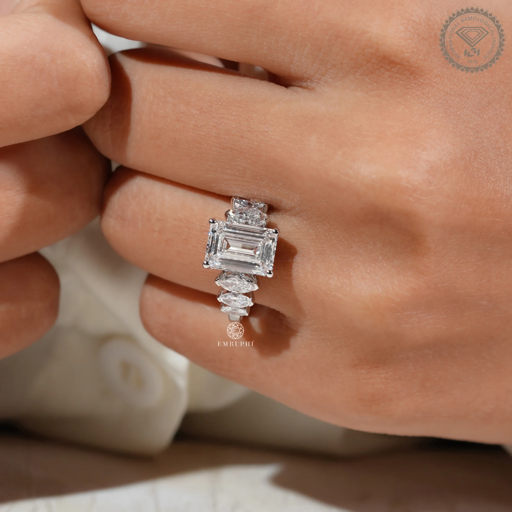 Emerald Cut Diamond Engagement Ring With Marquise Side Stone, Cluster Setting Ring — view 8