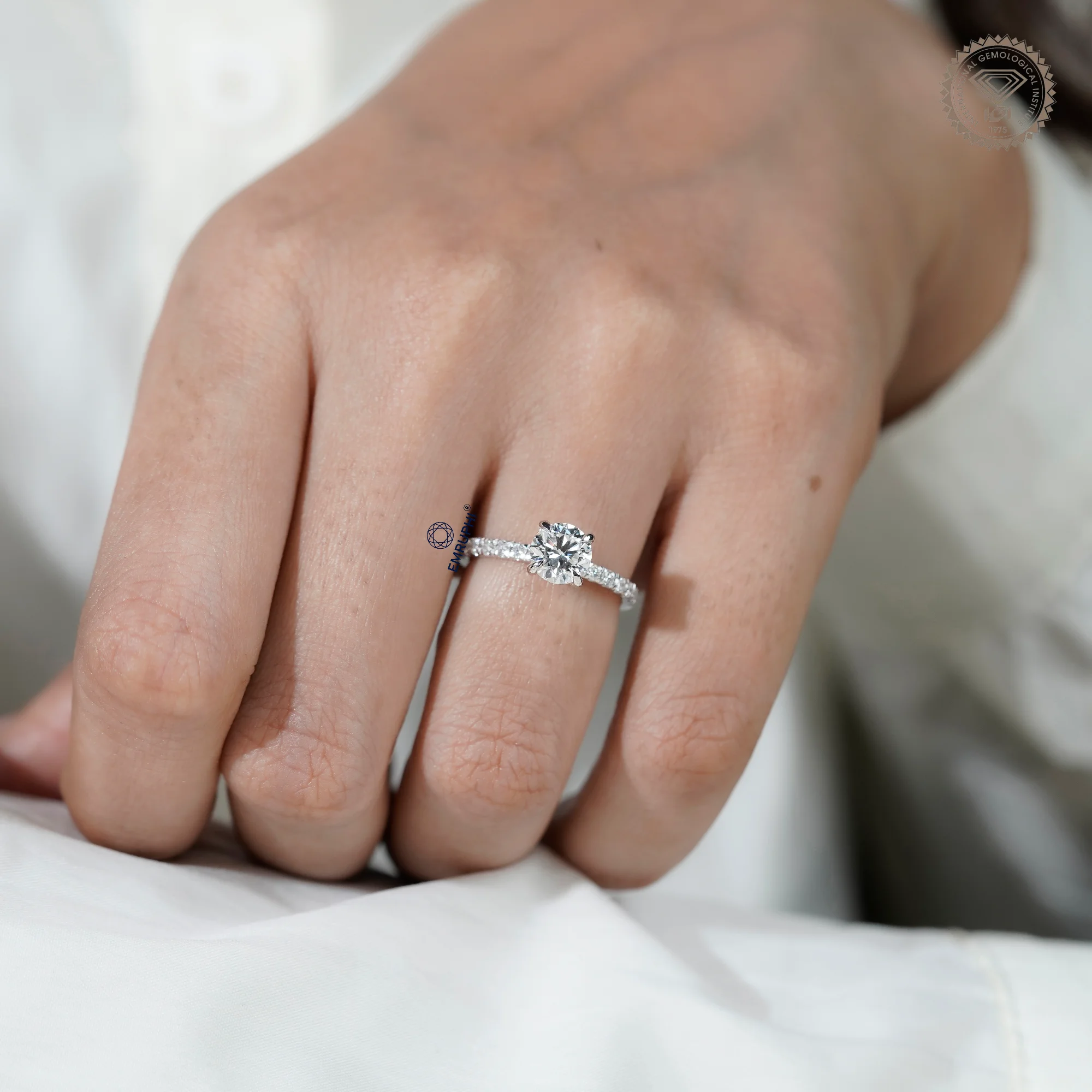 1 Carat Round Cut Lab Grown Diamond Engagement Ring, Pavé Side Stones — view 13