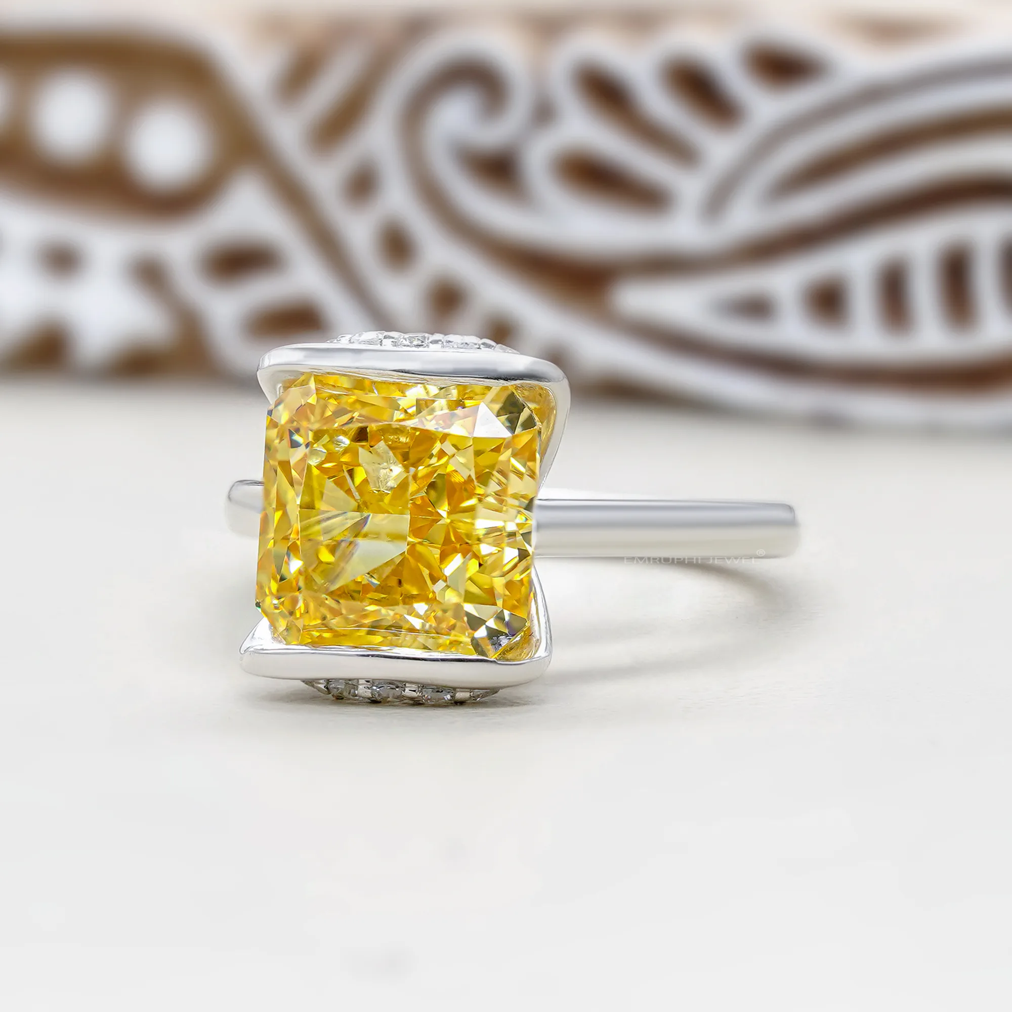 6 Carat Asscher Fancy Yellow Lab Grown Diamond Ring: Bezel Set Solitaire — view 2