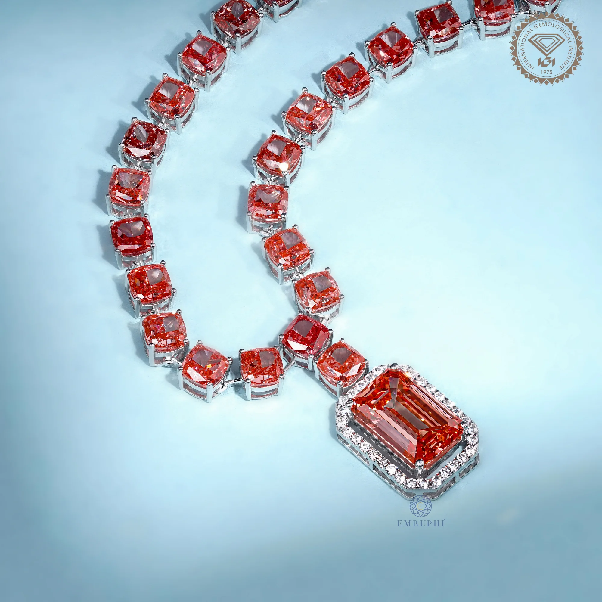 7.25 CT Vivid Pink Emerald Cut Halo Pendant Necklace, Cushion Tennis Necklace — view 4