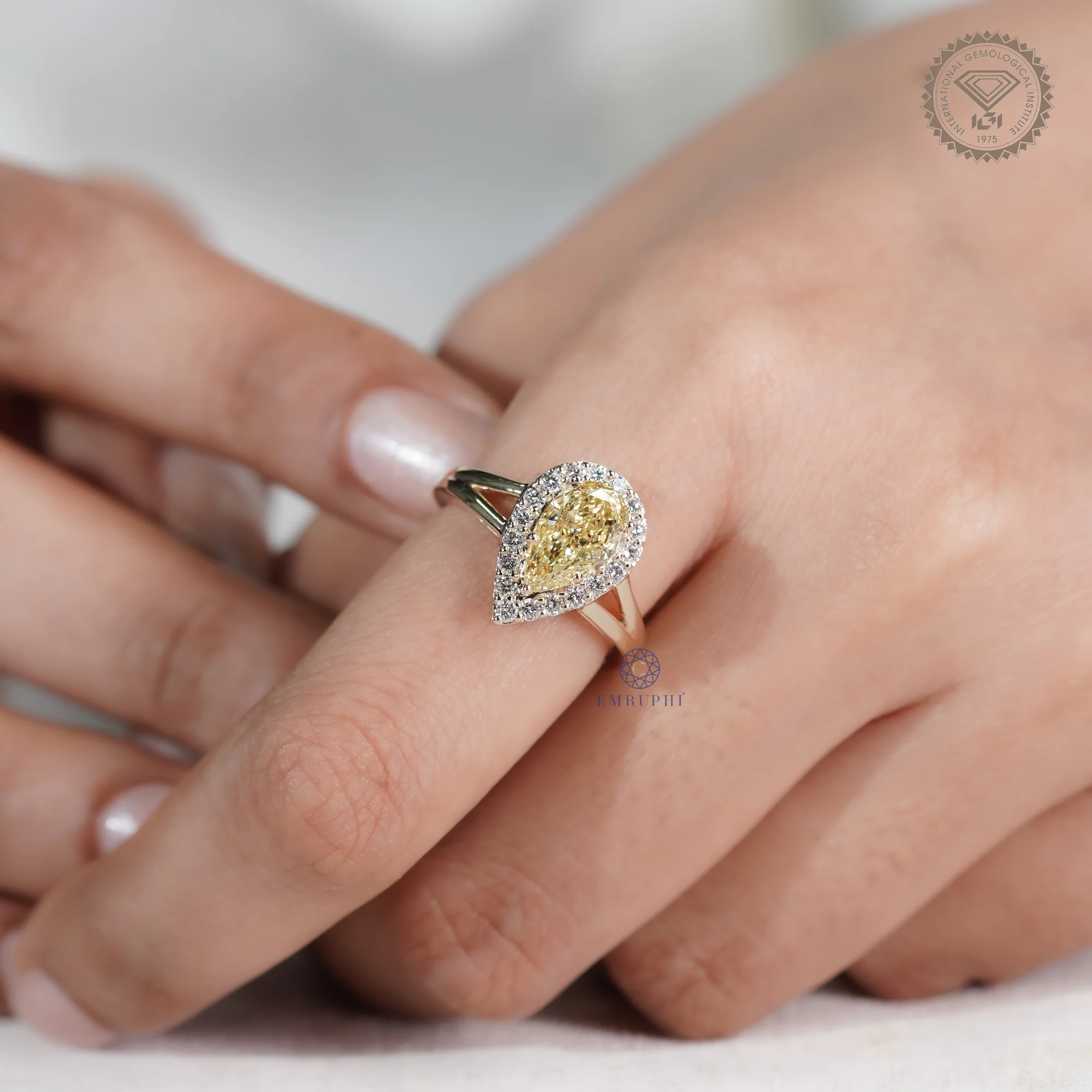 2.00 CT Pear Cut Yellow Lab Grown Diamond Halo Ring, Fancy Yellow Diamond Engagement Ring — view 13
