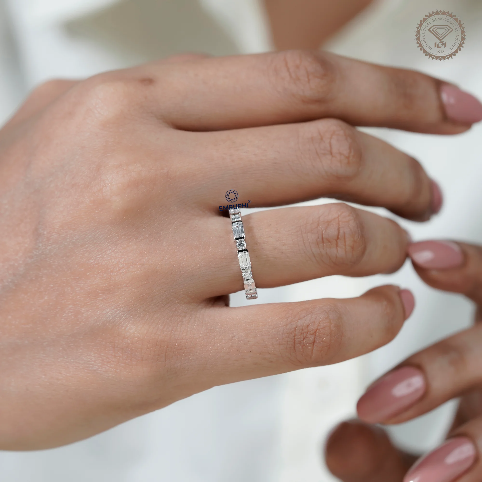 Emerald and Round Lab Grown Diamond Alternating Band, Dainty Wedding Ring — view 9
