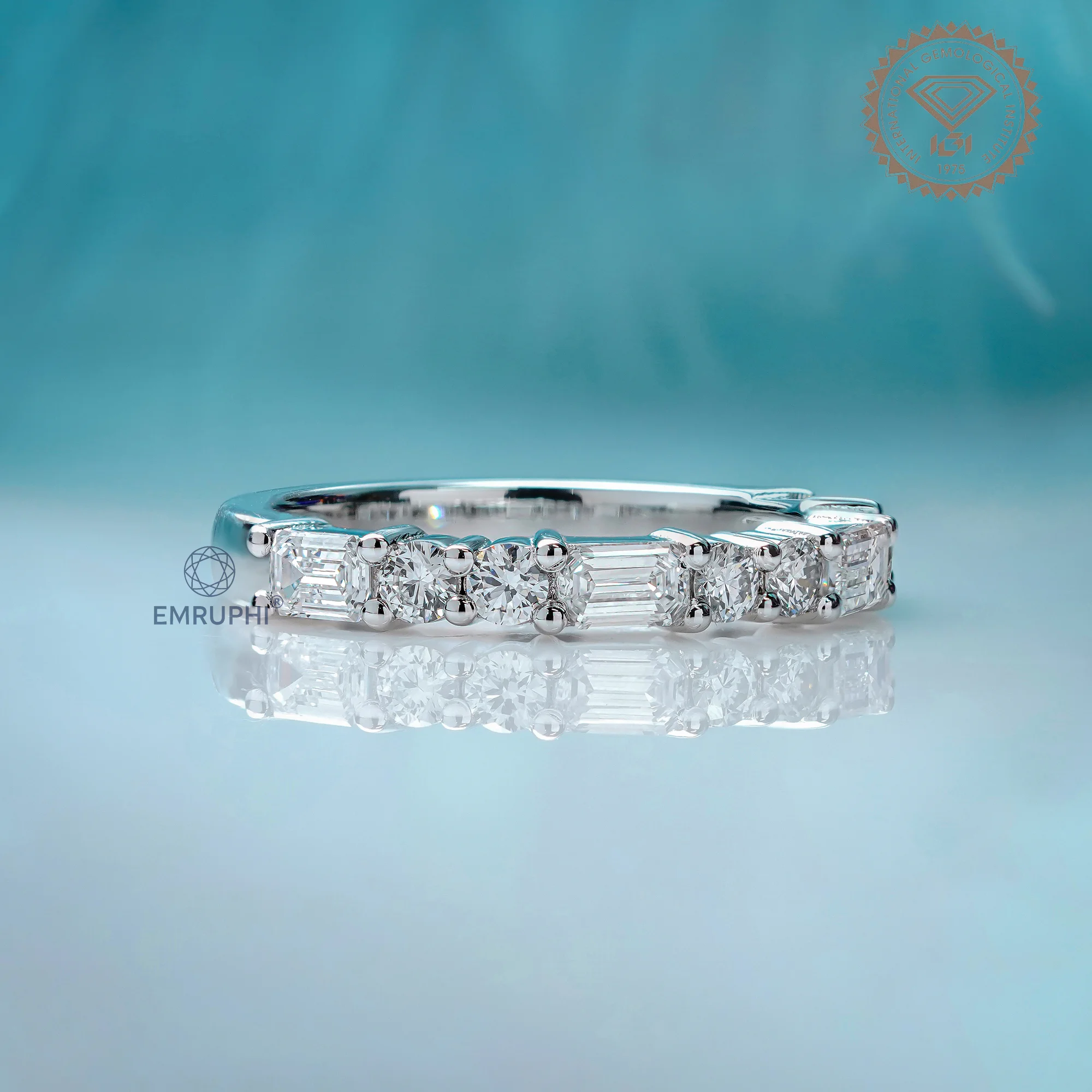 Lab Grown Diamond Half Eternity Band, Emerald Round Cut, Minimalist Wedding Ring — view 3
