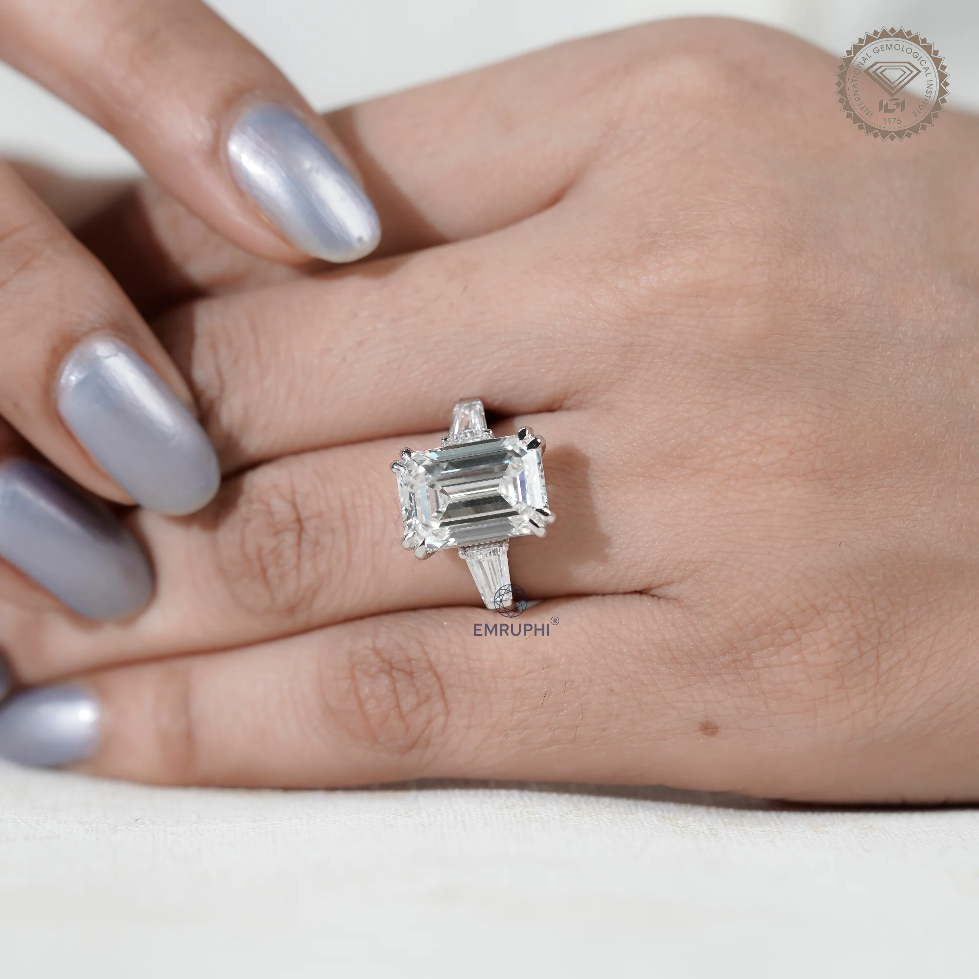 7 Carat Emerald Cut Lab Grown Diamond Engagement Ring | Trapezoid Side Stones — view 12