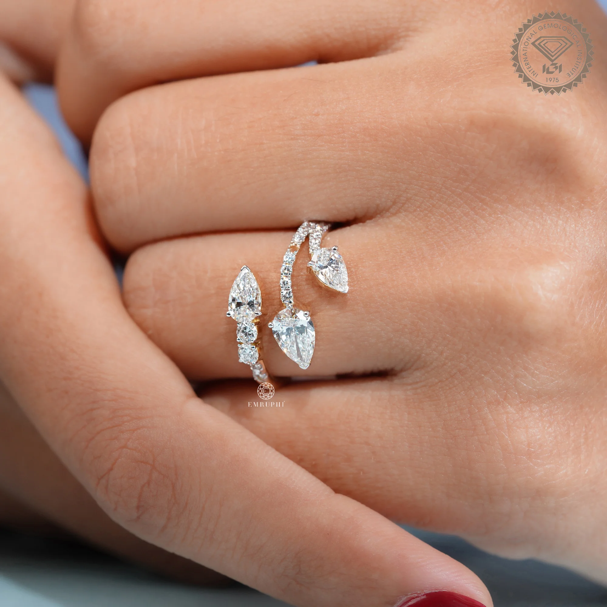 Three Stone Pear Lab Diamond Open Wrap Ring, Toi et Moi Style Ring, IGI Certified Diamonds — view 9