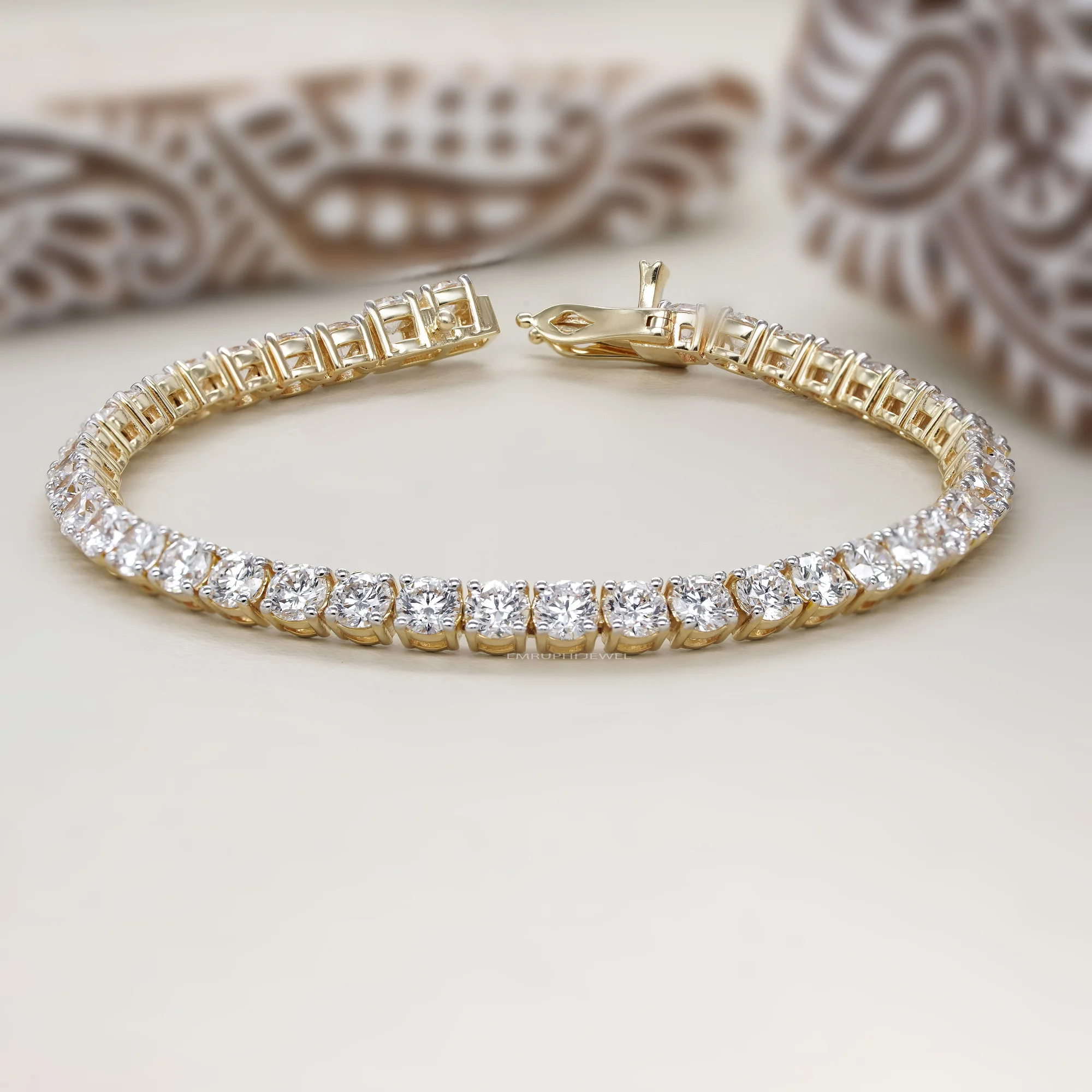 Round Cut Lab Grown Diamond Tennis Bracelet, Classic Yellow Gold Diamond Bracelet — view 2