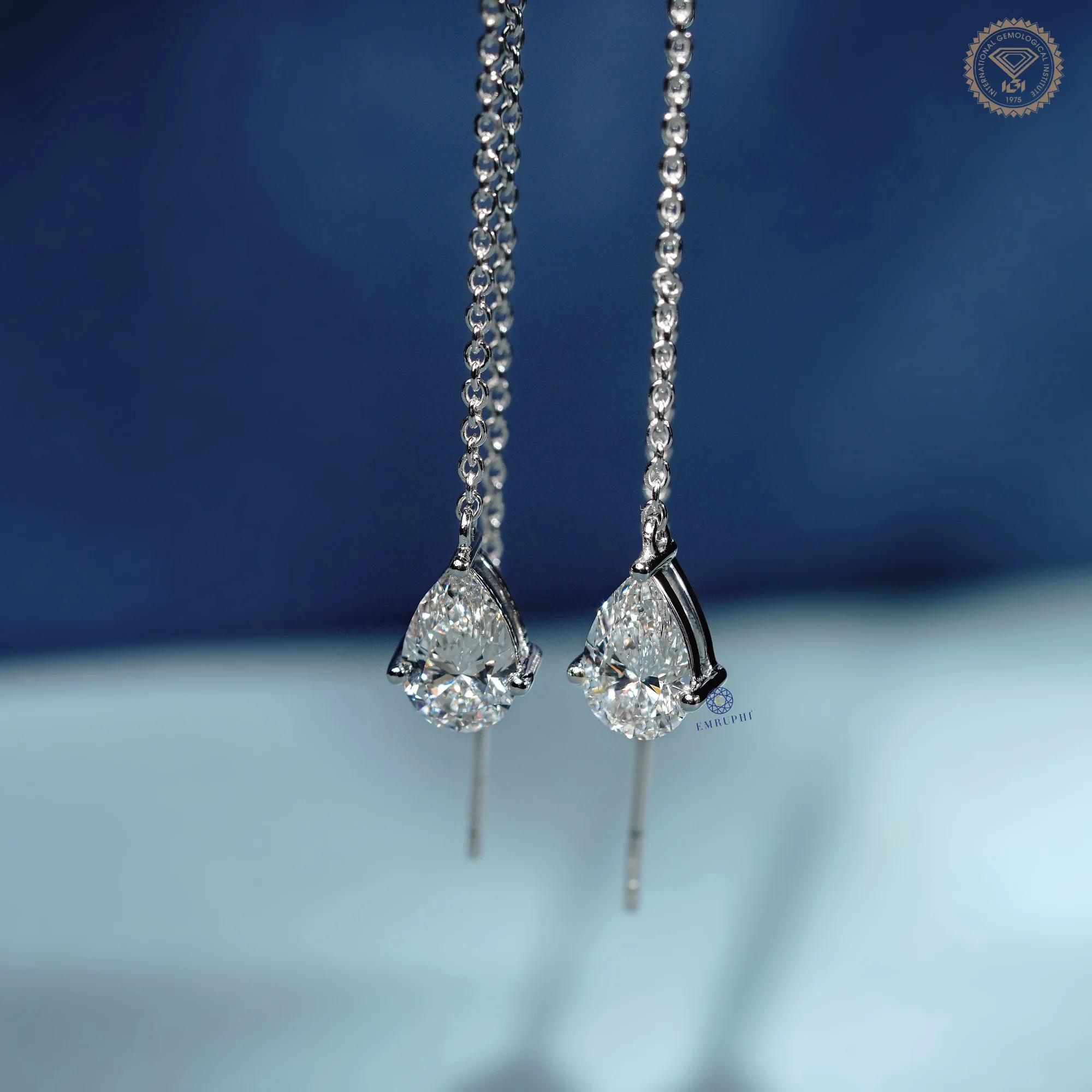Pear Drop Threader Earrings, White Gold Drop Chain Earrings, Minimalist Long Chain Dangle Earring — view 3