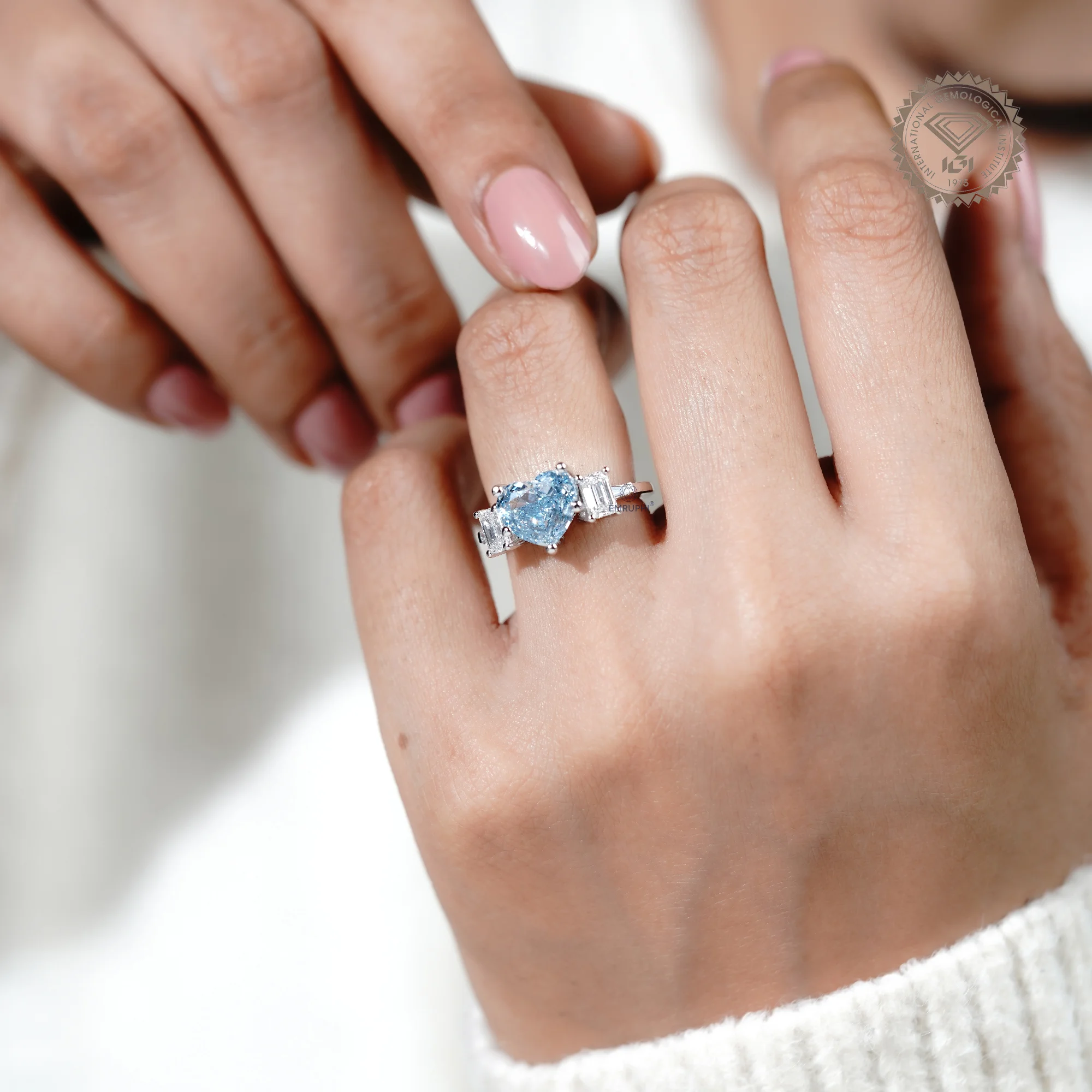 Heart Cut Vivid Blue Lab Diamond Ring, 14k Gold Emerald Accented Engagement Ring — view 9